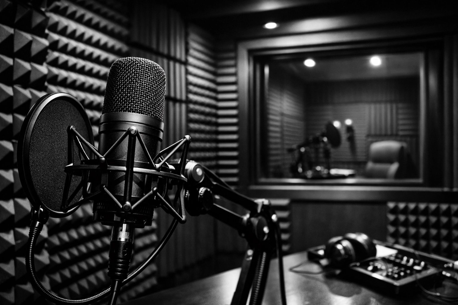 Professional podcast studio with acoustic foam panels and broadcast microphone equipment