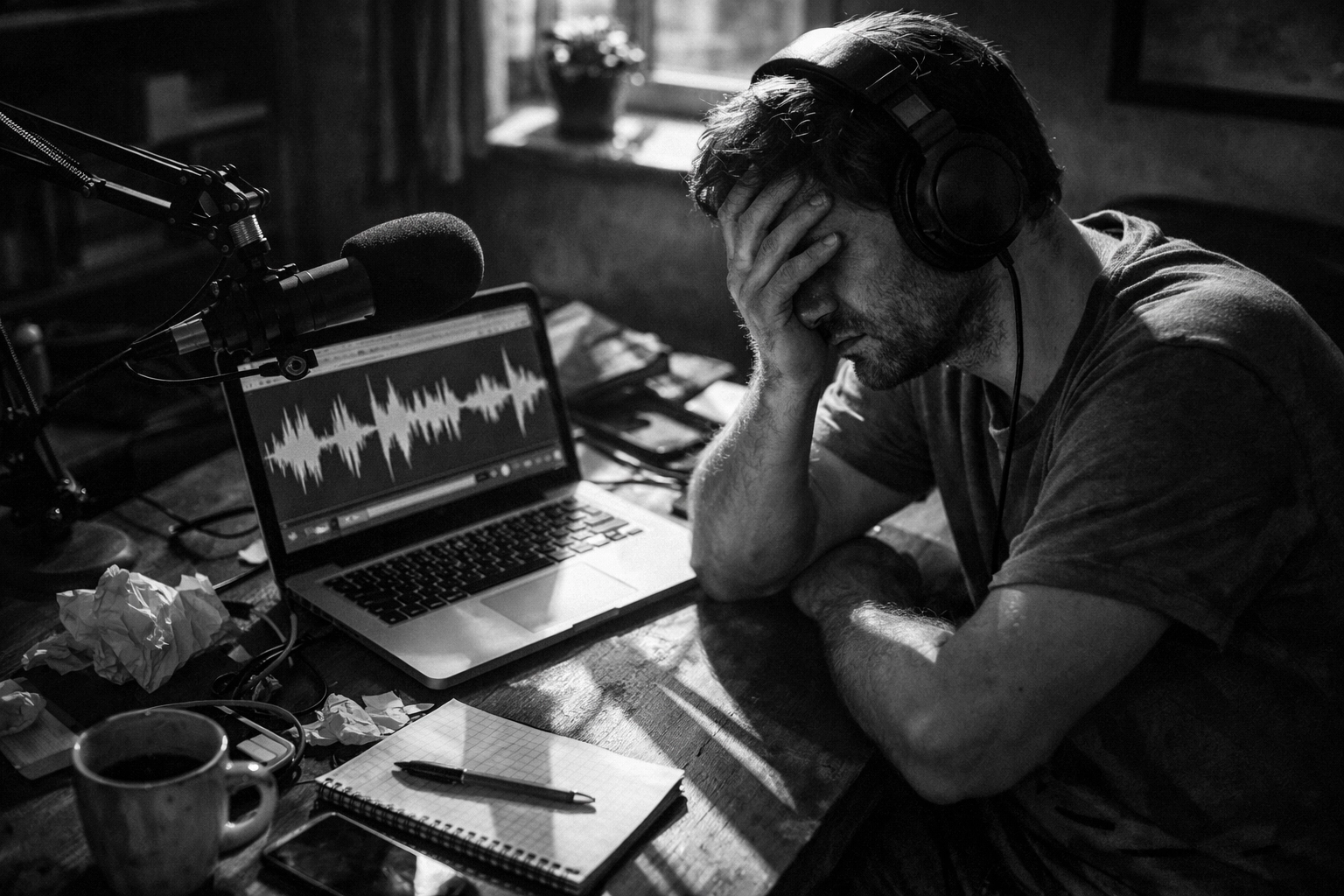 Frustrated podcaster at home desk struggling with poor audio quality and recording mistakes
