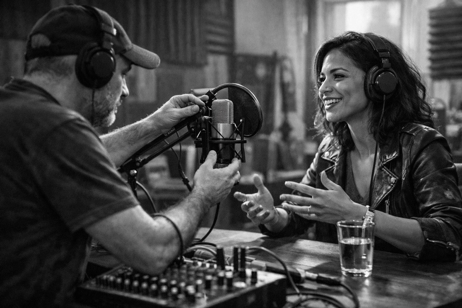 Audio engineer adjusting microphone for podcaster during professional recording session