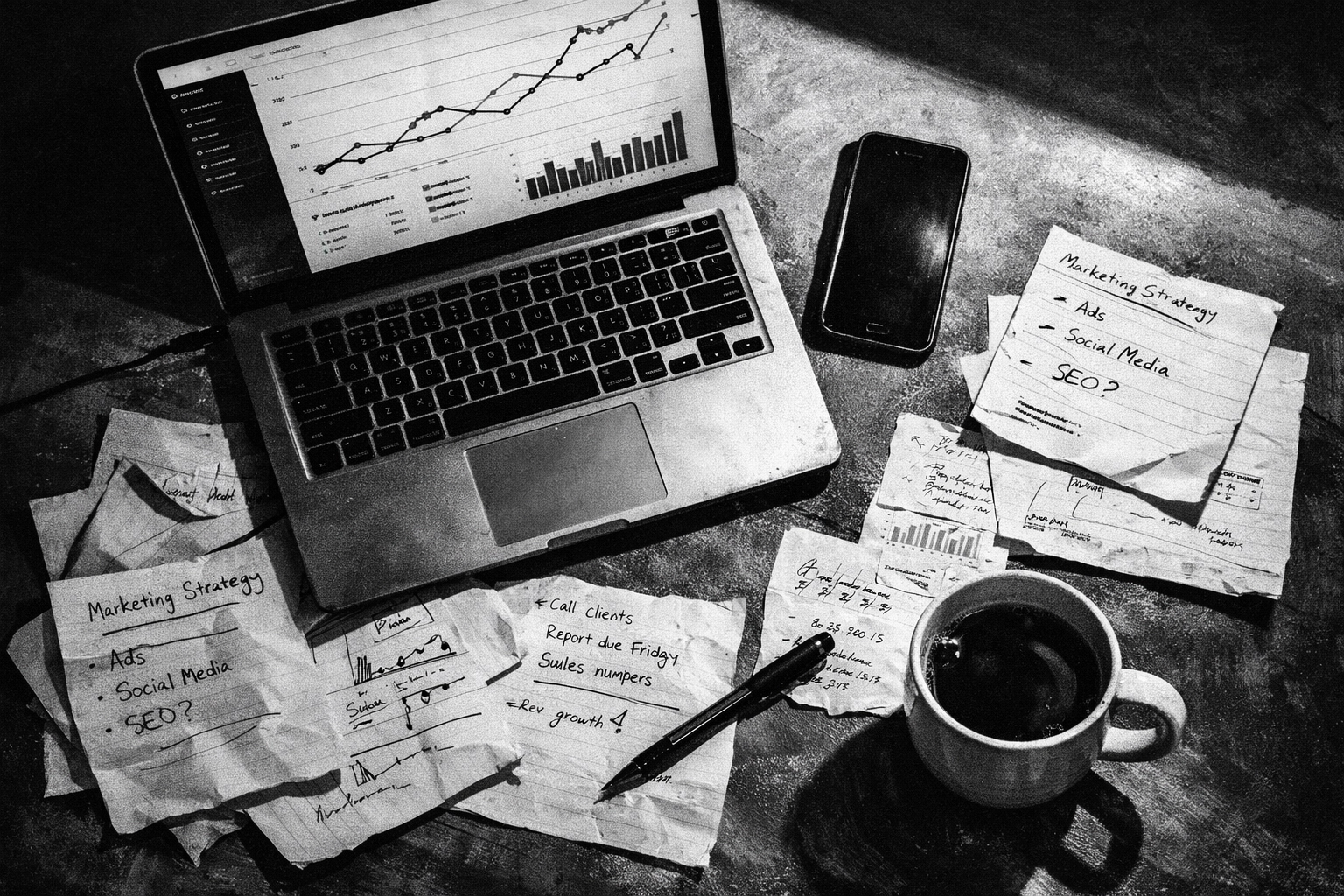Workspace desk with laptop showing business growth analytics and marketing strategy notes