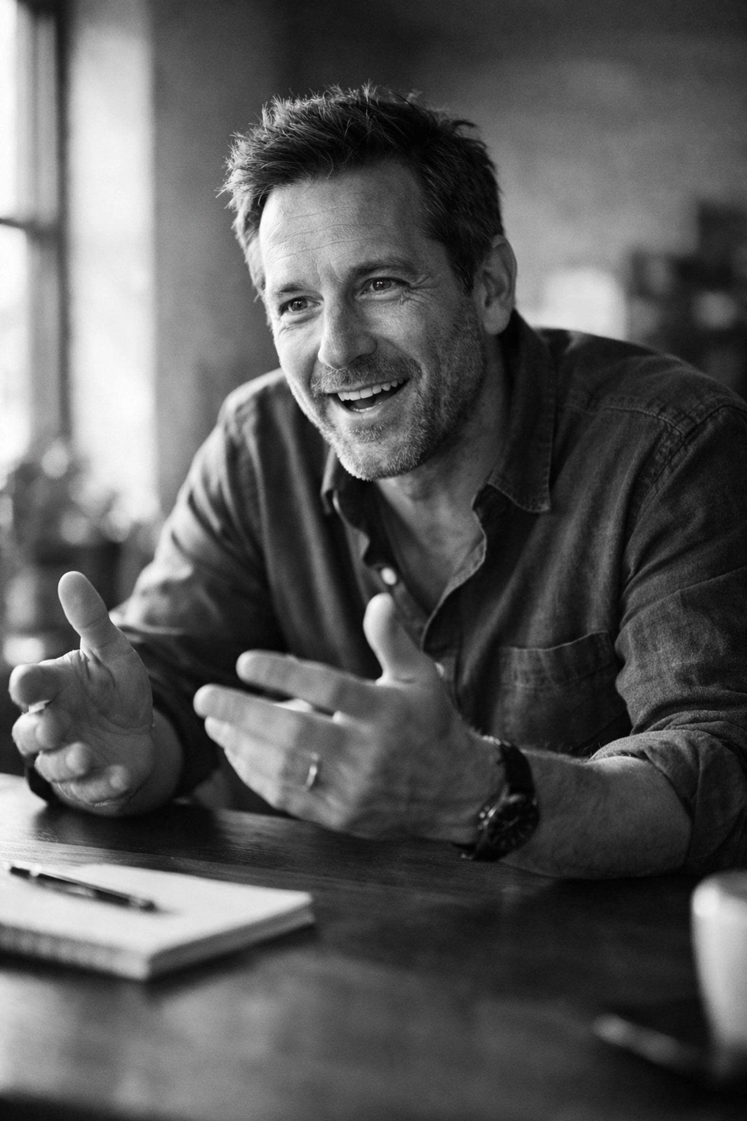 Business founder engaging in authentic conversation demonstrating genuine leadership connection