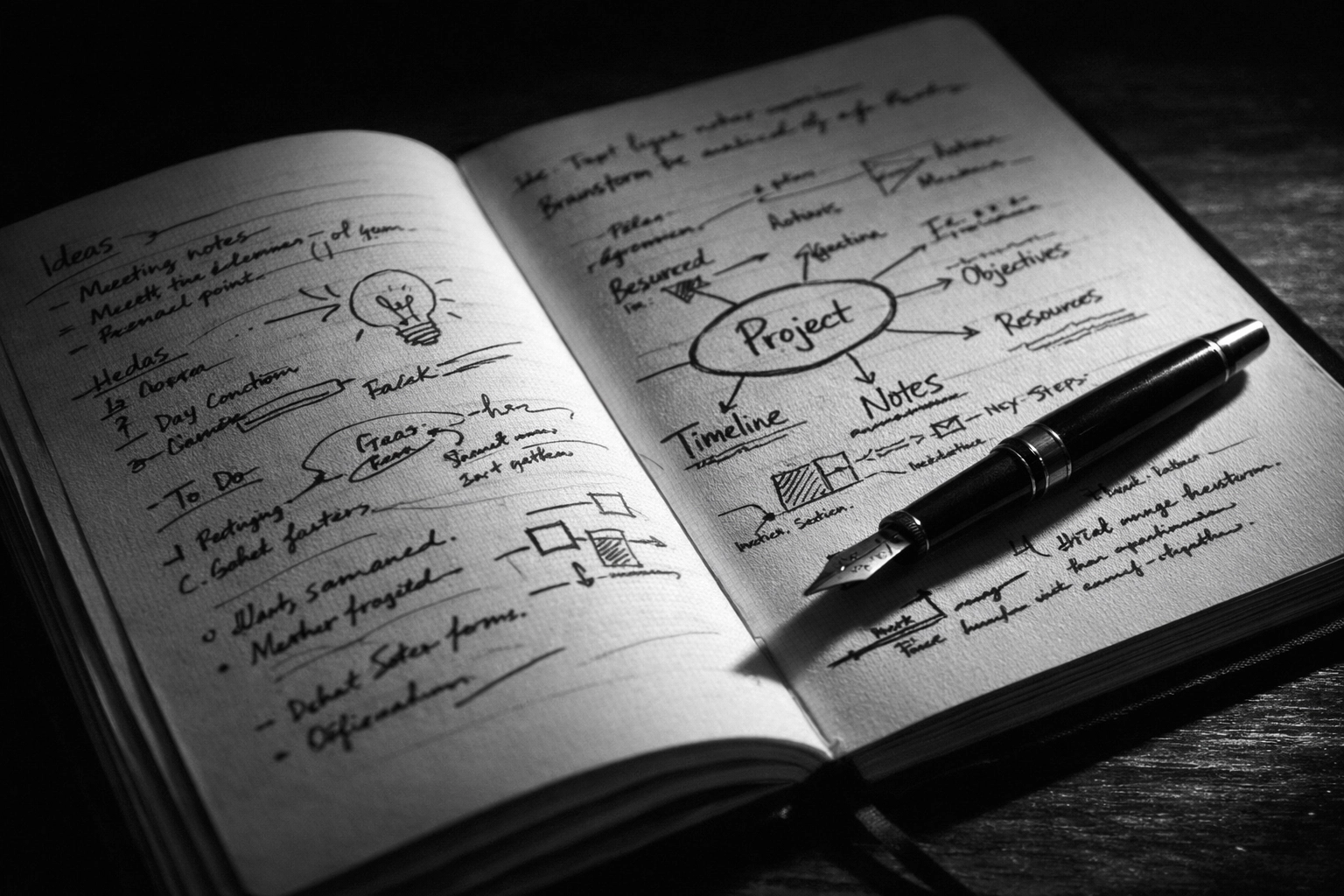 Open notebook with handwritten content strategy plans and creative ideas for founders