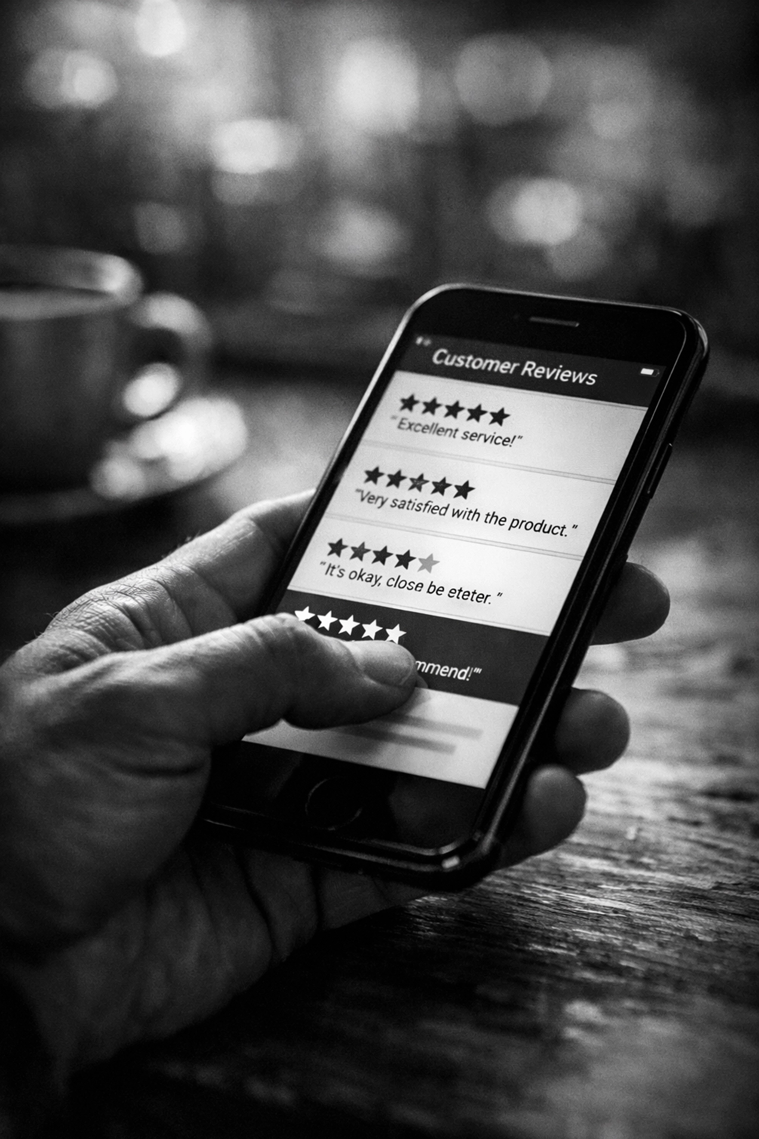Reading customer reviews and star ratings on smartphone for business insights