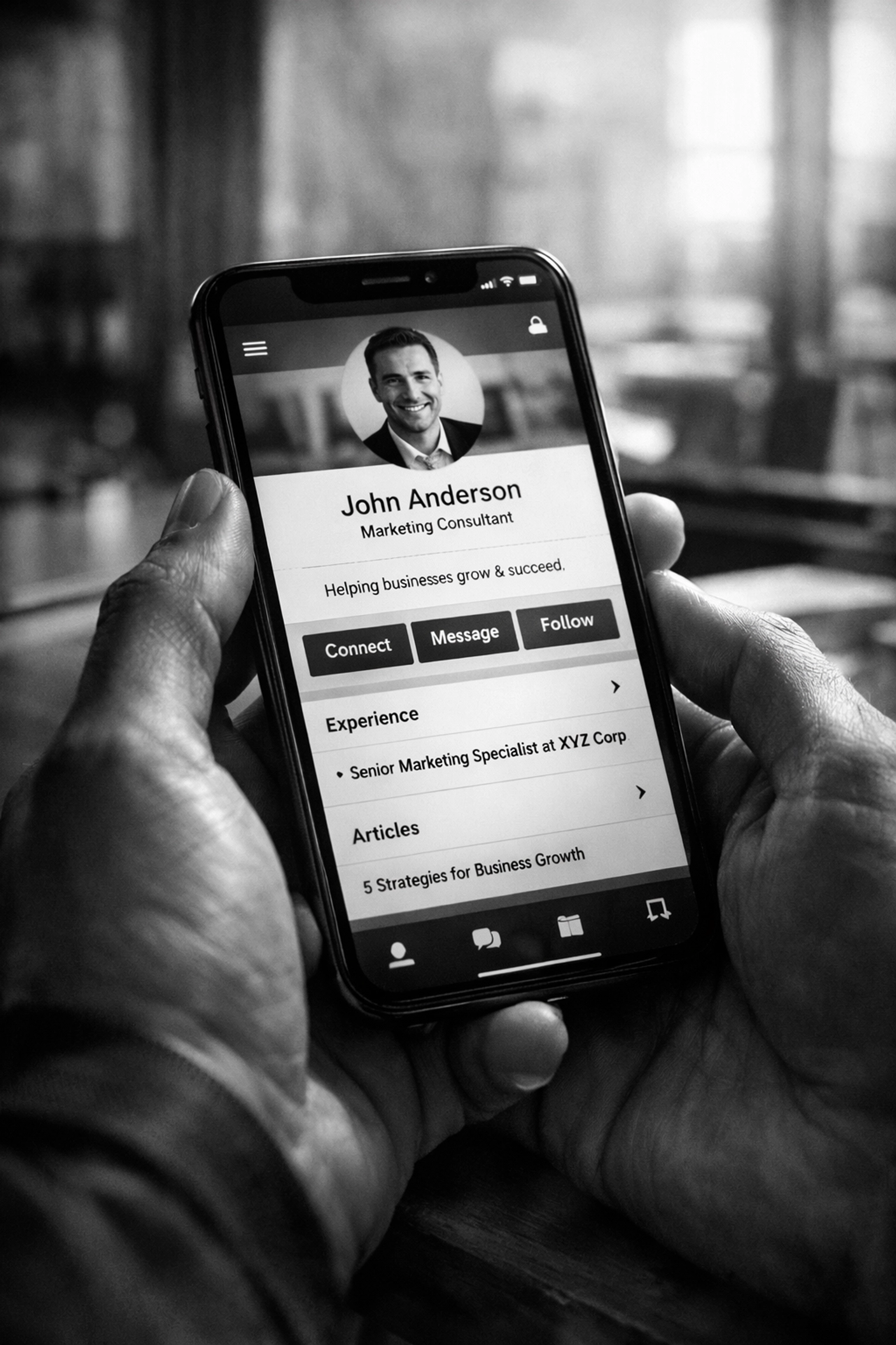 Optimized business social media profile on smartphone with clear call-to-action buttons