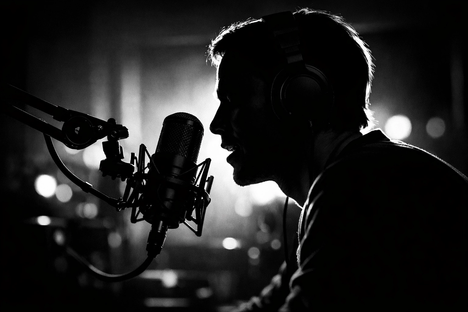 Professional podcaster recording in studio with microphone and headphones