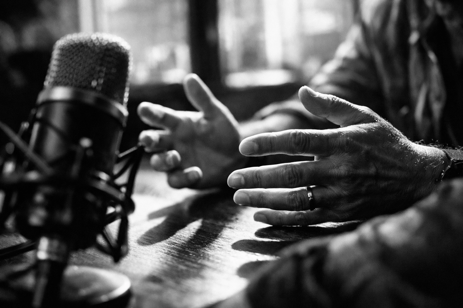 Business professional gesturing during podcast interview conversation