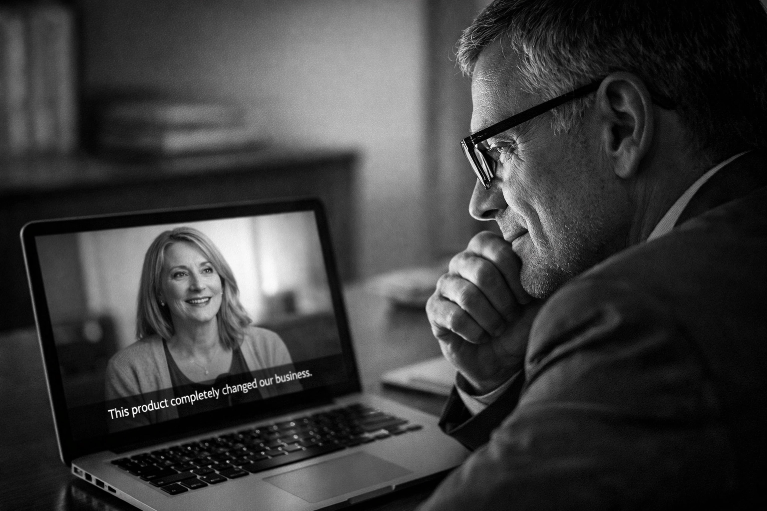 Business professional watching customer testimonial video on laptop for purchasing decision