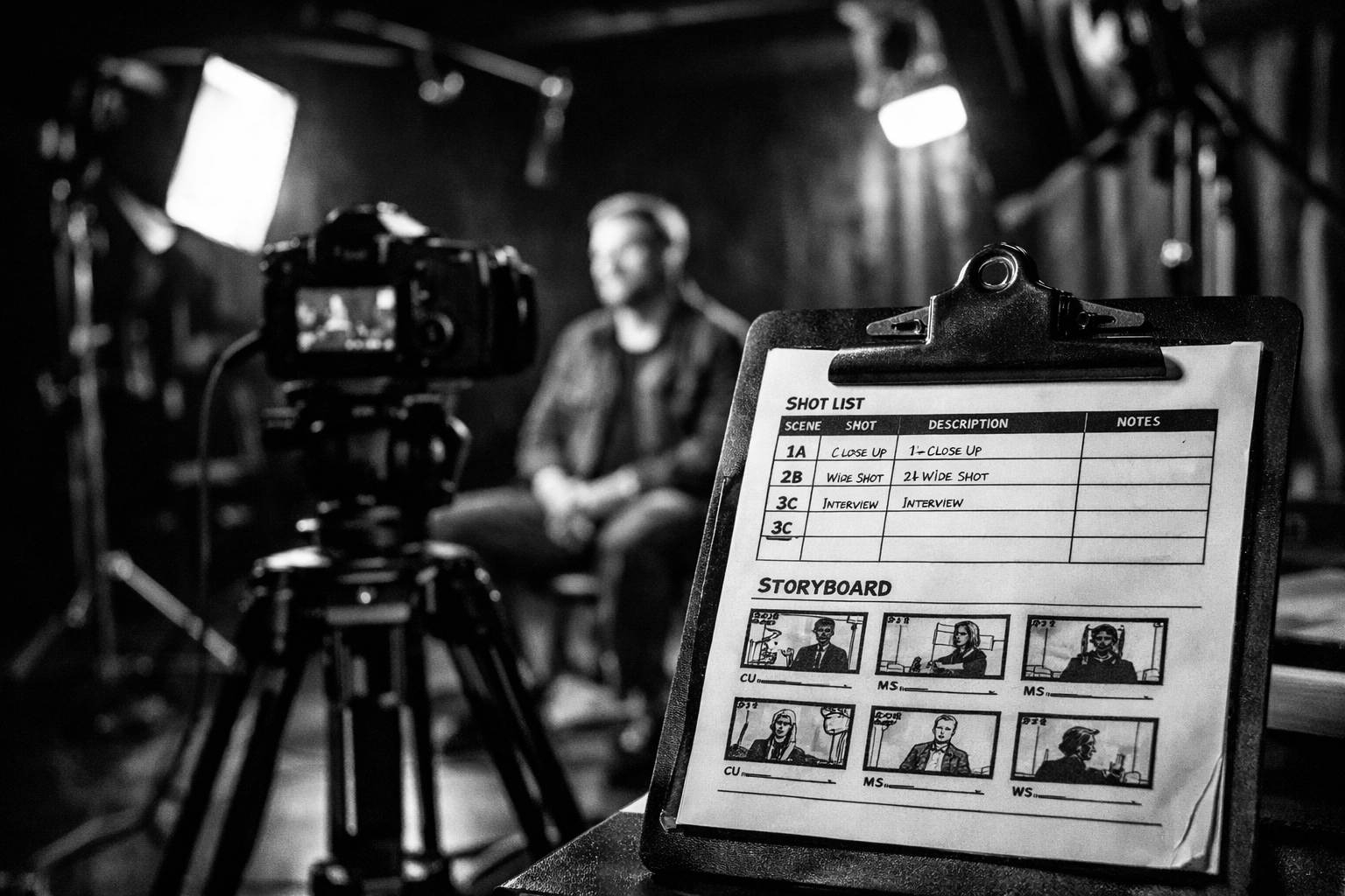 Professional video production studio setup with strategic content planning materials