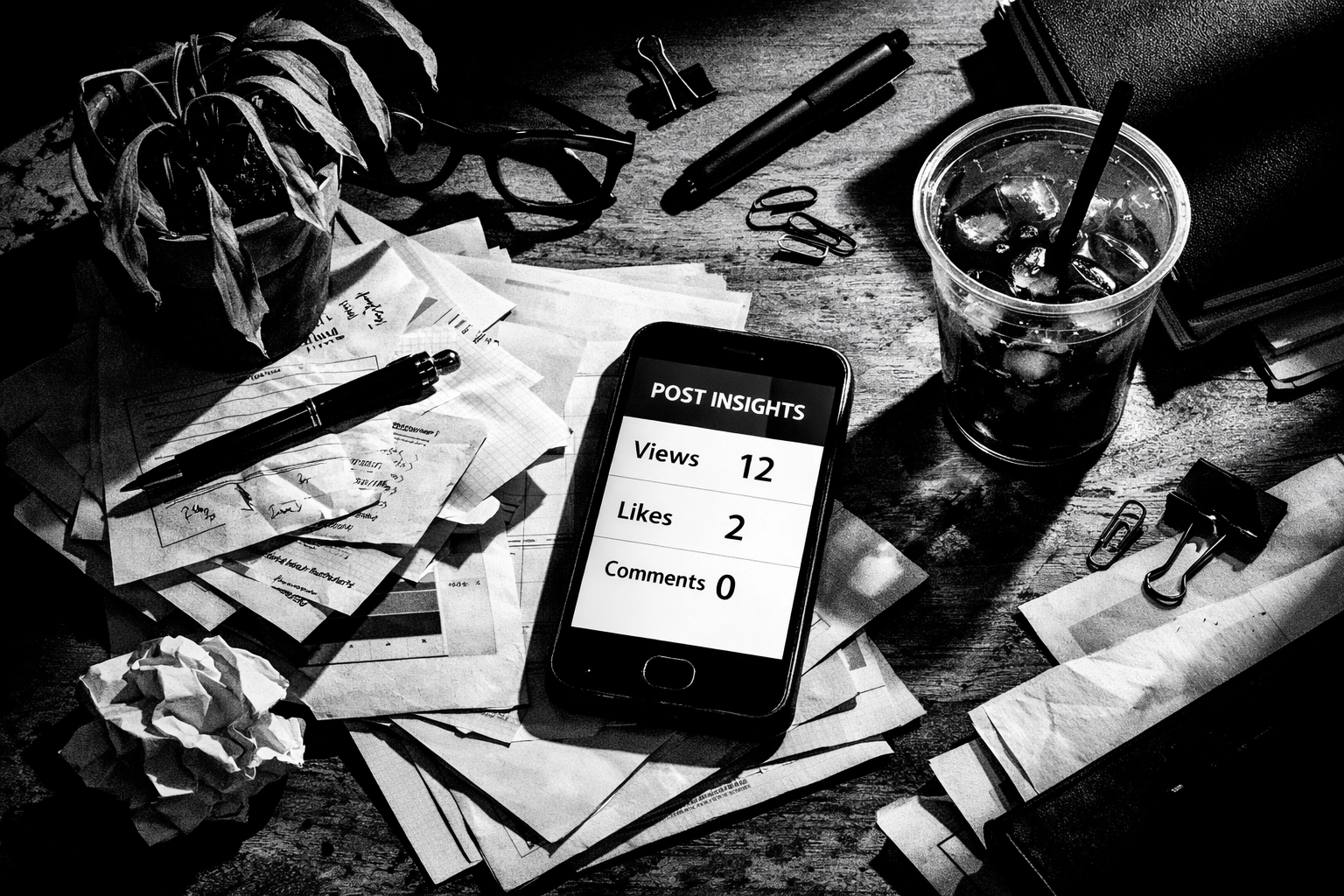 Cluttered desk with low social media analytics showing results of random video posting