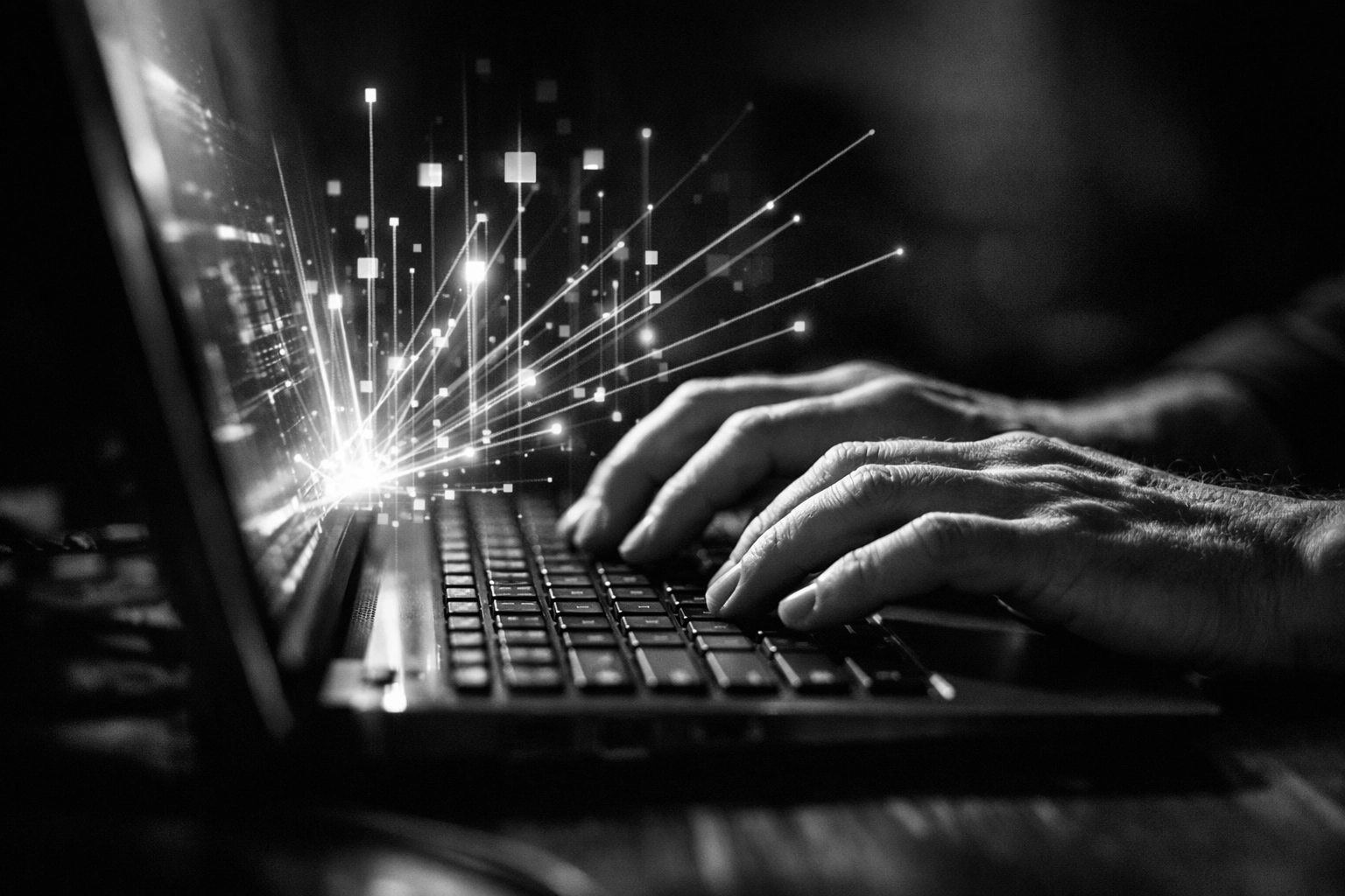 Hands typing on keyboard with AI data processing visualization for answer engine optimization