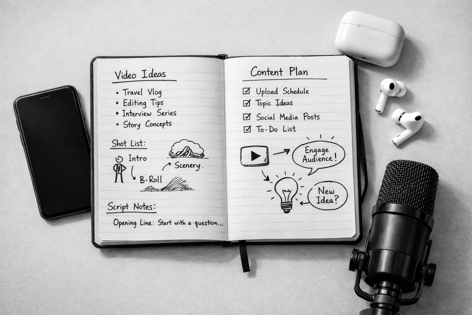 Content creation workspace with notebook, smartphone, and microphone for brand storytelling