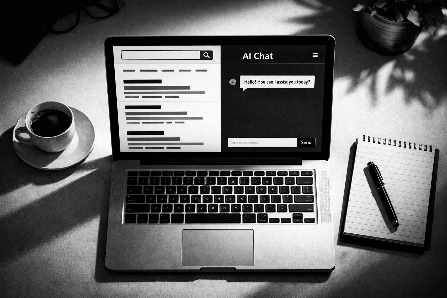 Modern workspace showing traditional search results alongside AI chat interface representing SEO evolution
