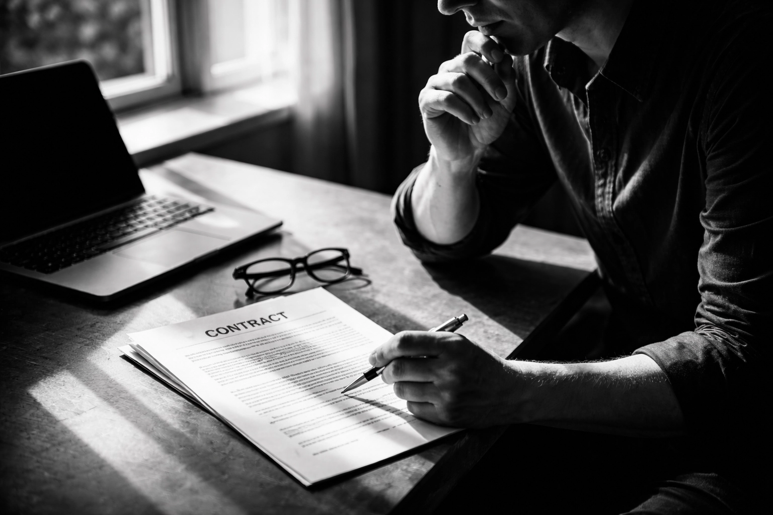 Person closely reviewing a contract at a desk, representing due diligence before hiring an SEO or marketing agency