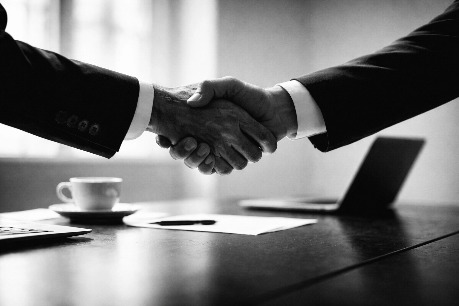 Two professionals shaking hands across a conference table, symbolizing partnership with a trustworthy SEO agency