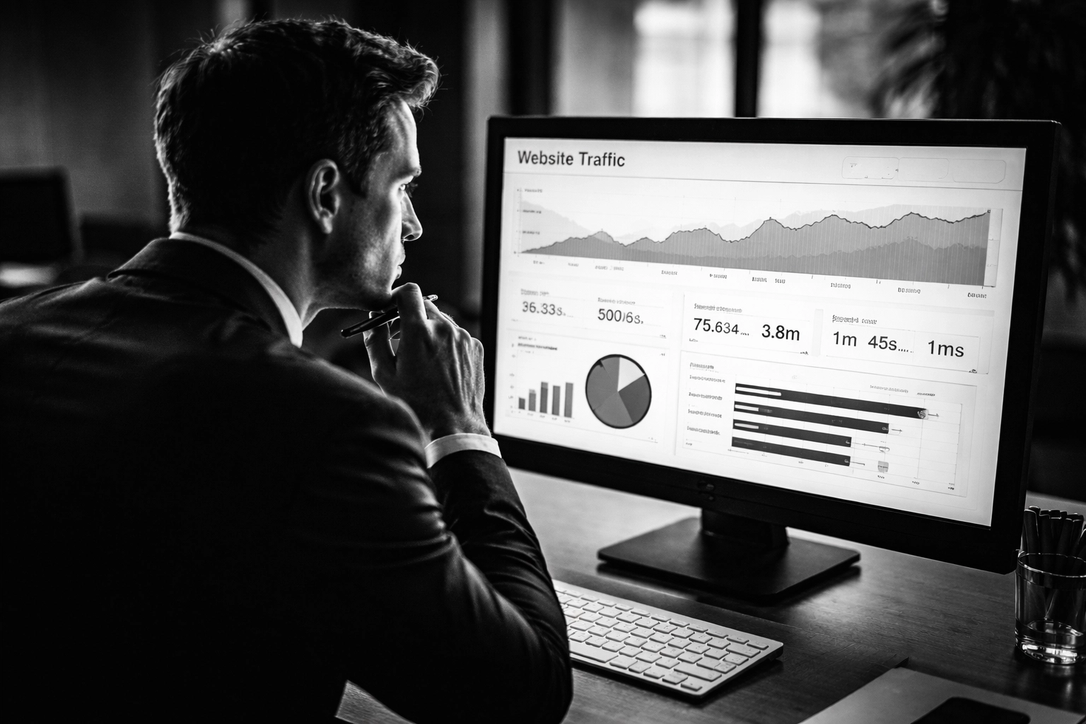 Business professional analyzing website traffic and keyword ranking graphs on a monitor to evaluate SEO agency results