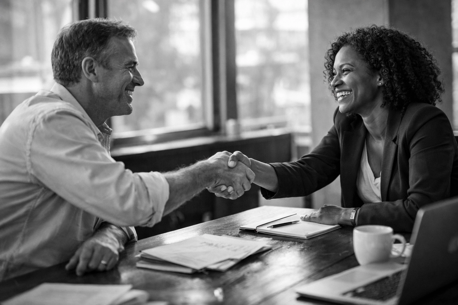 Business professionals shaking hands building partnership for marketing strategy success