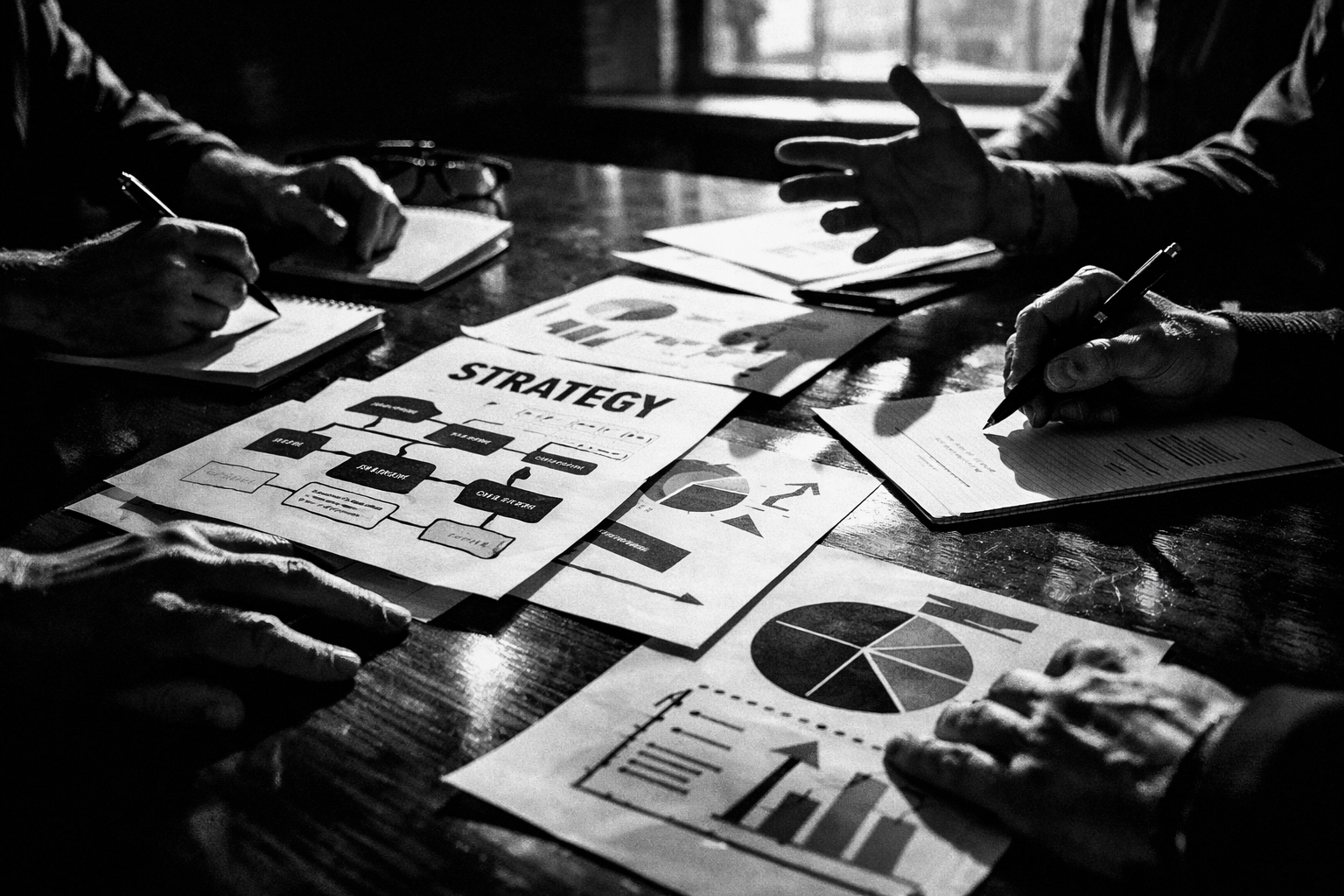 Business team collaborating on custom marketing strategy around conference table