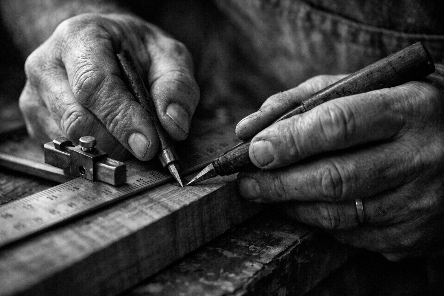 Craftsman hands measuring wood showing custom approach versus cookie-cutter solutions