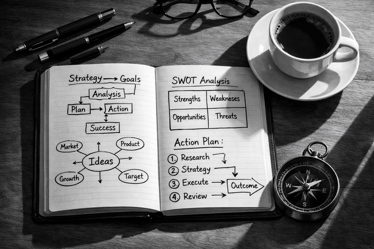 Marketing strategy planning desk with notebook diagrams and compass representing strategic direction