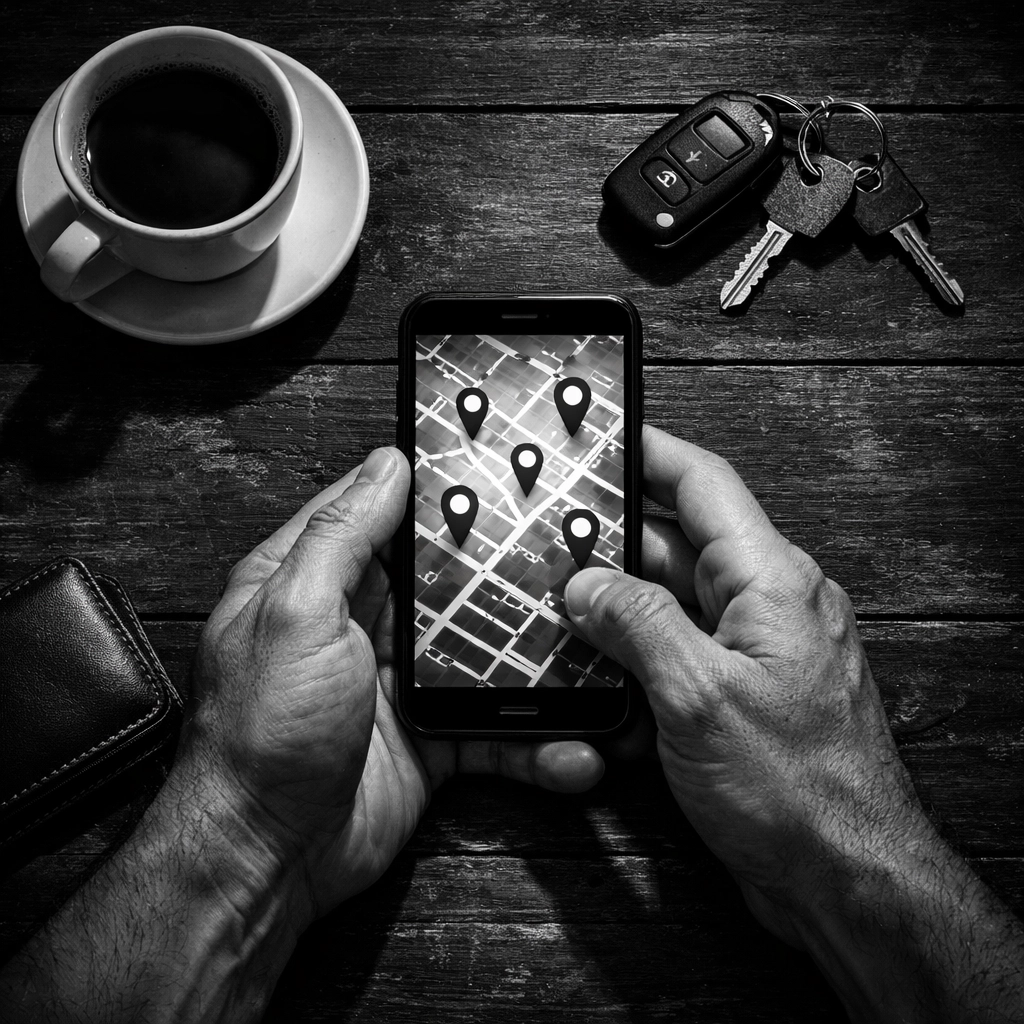 Hands holding smartphone showing Google Maps local search results with coffee and keys