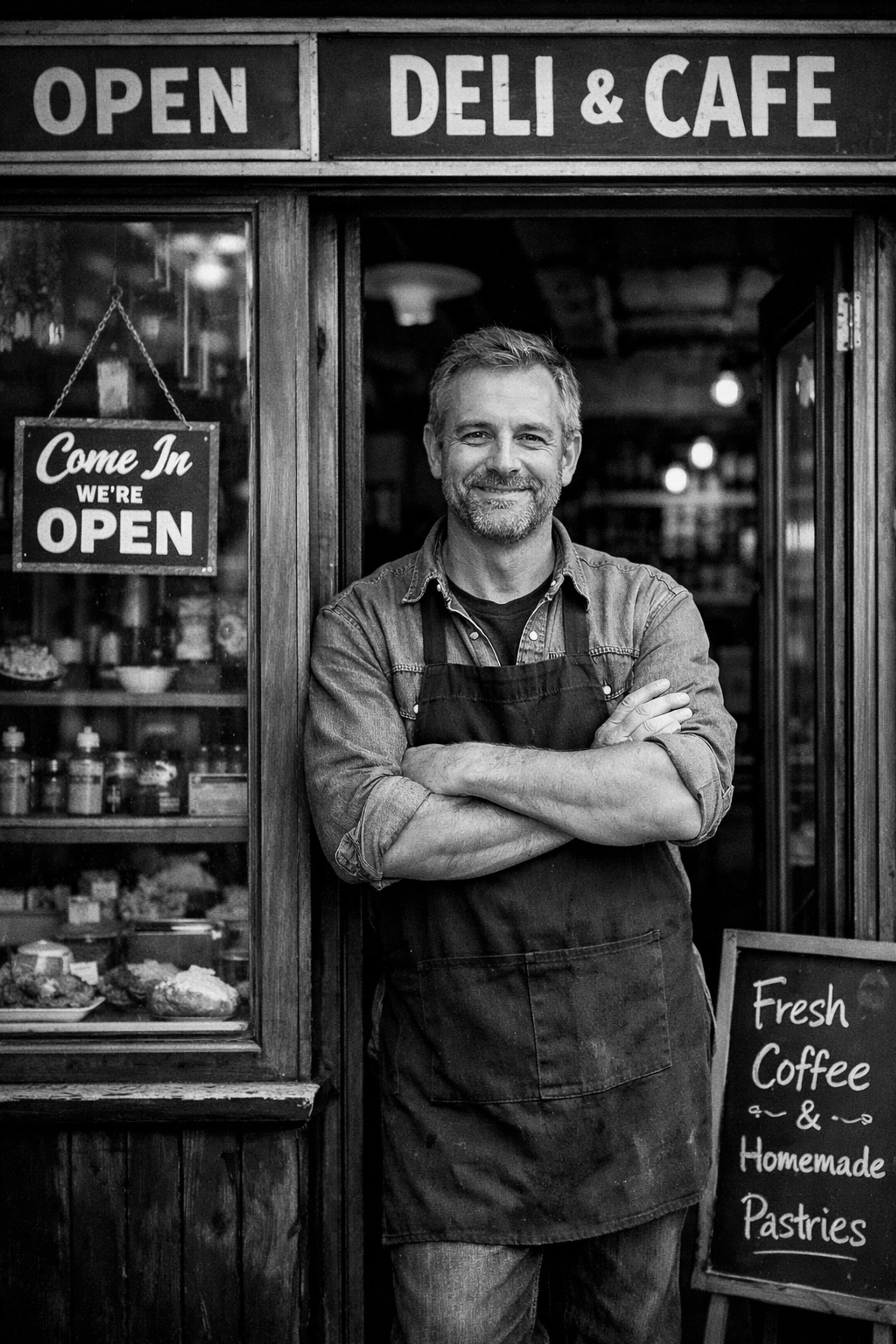 Confident local business owner standing in storefront doorway