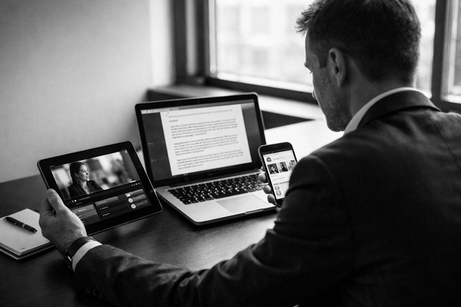 Business professional reviewing multi-platform content on laptop, tablet, and smartphone