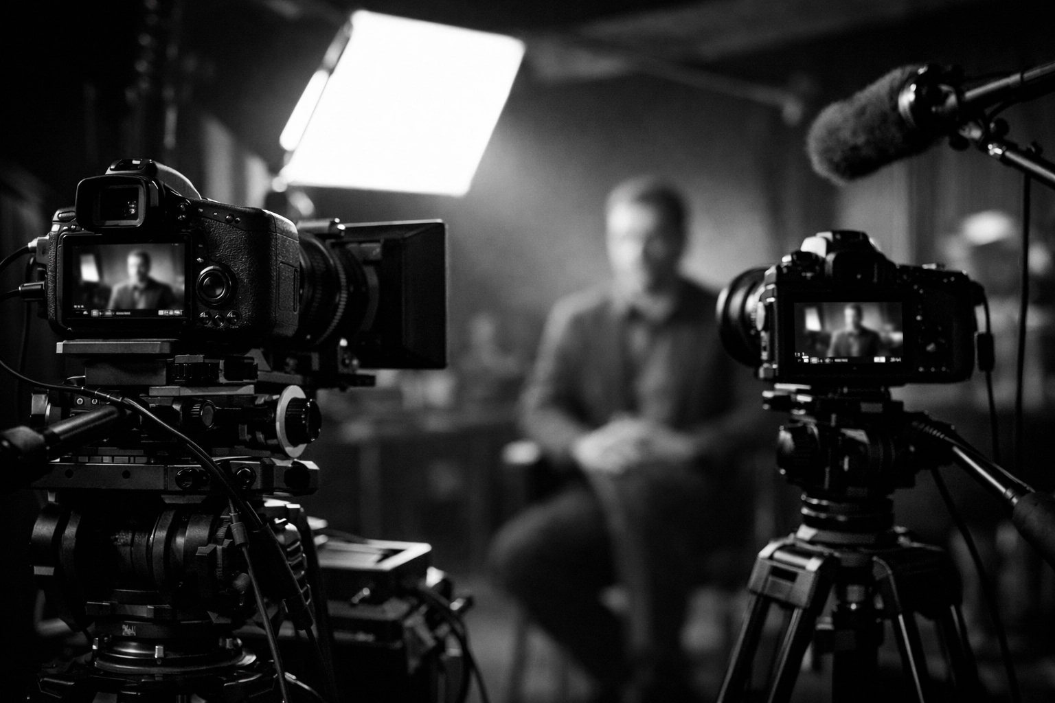 Professional video production shoot with multiple camera angles capturing interview content