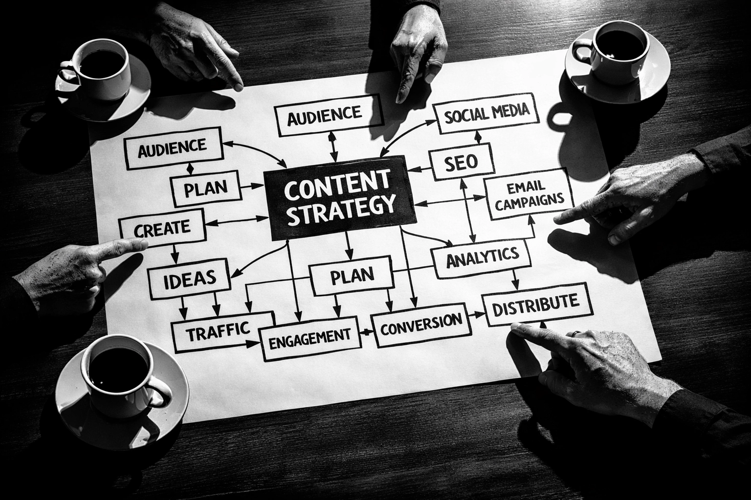 Strategic content planning session with marketing flowchart and coffee on conference table