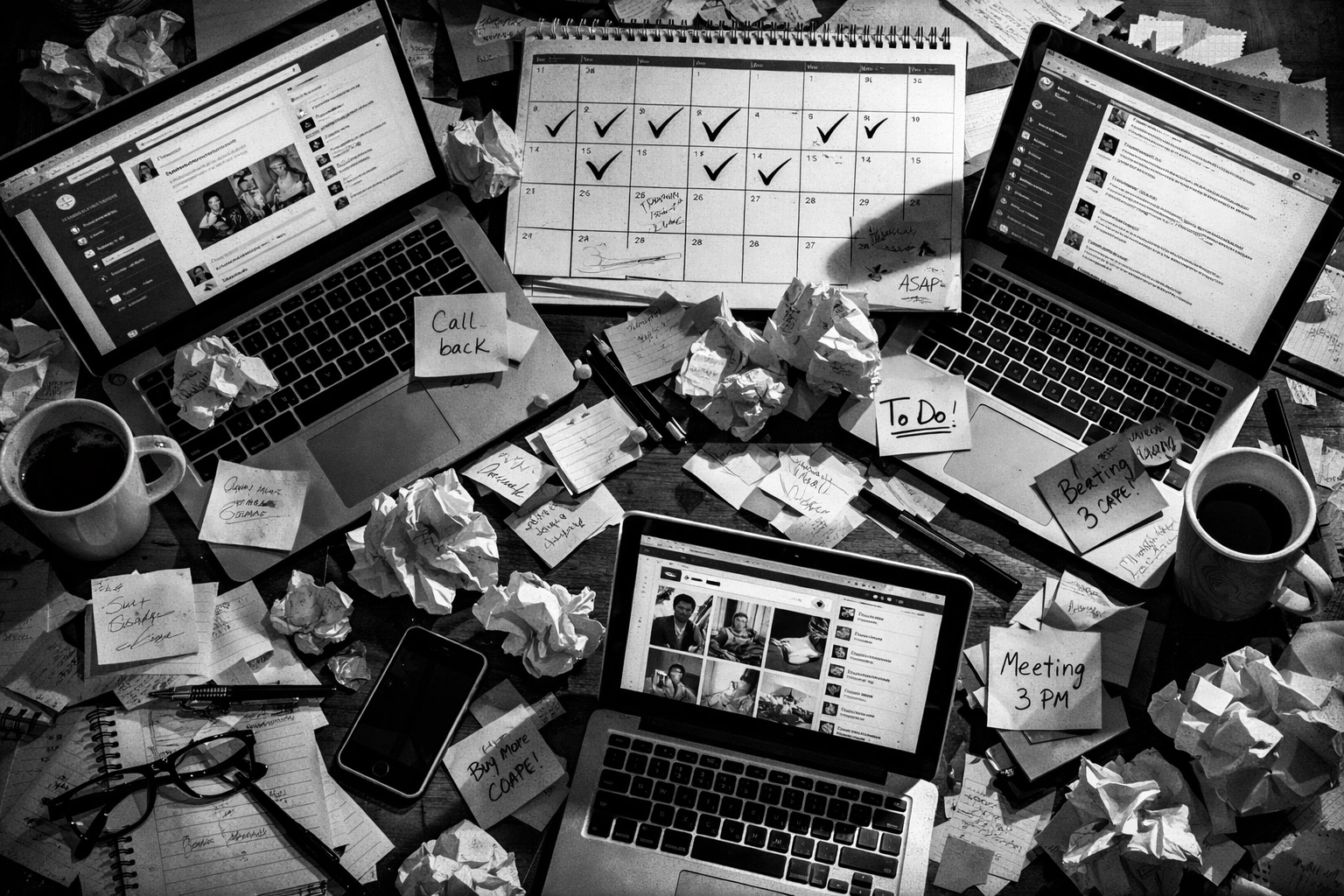 Chaotic desk with scattered papers and multiple laptops showing disorganized content marketing efforts