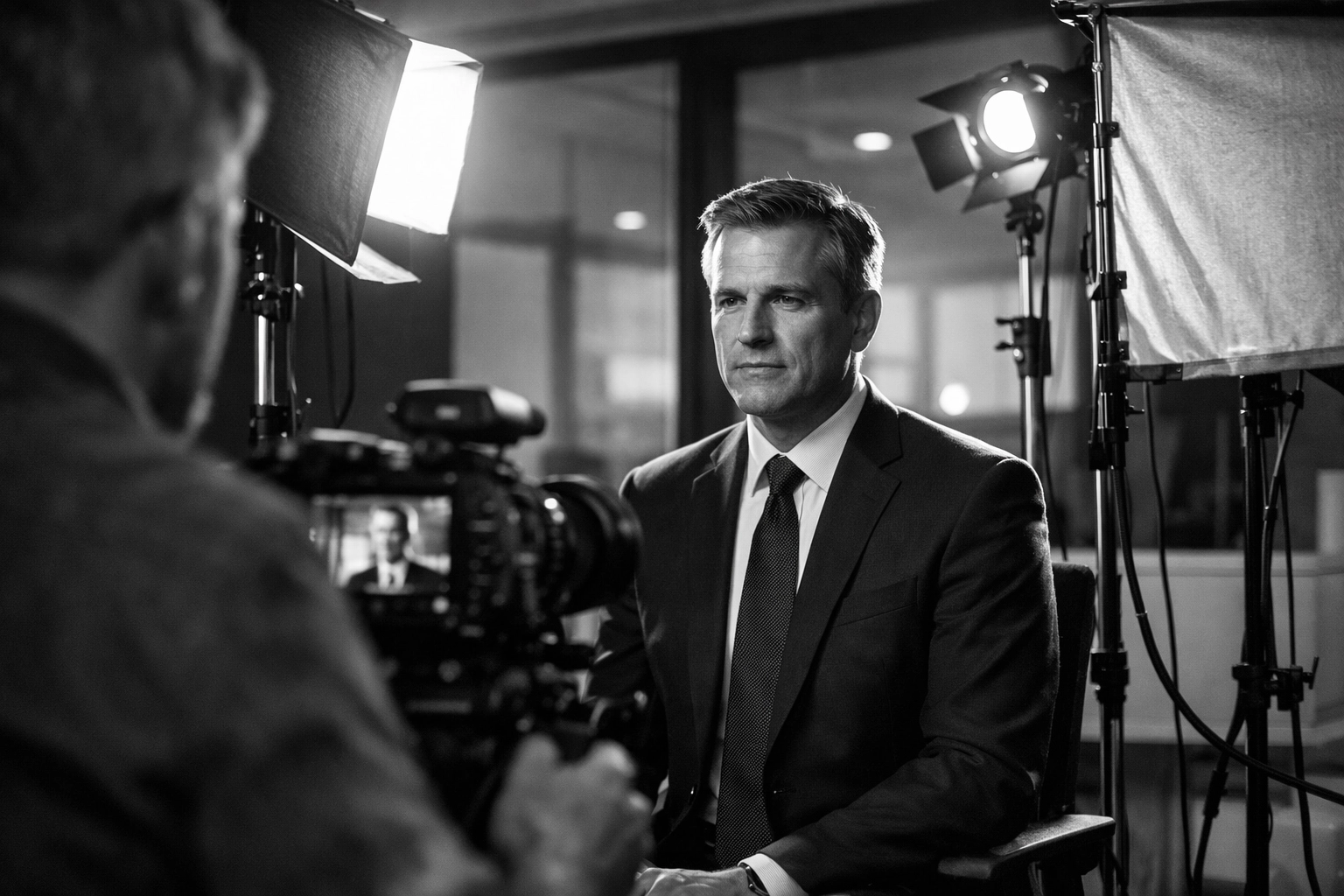 Corporate executive being filmed with professional lighting equipment and camera setup