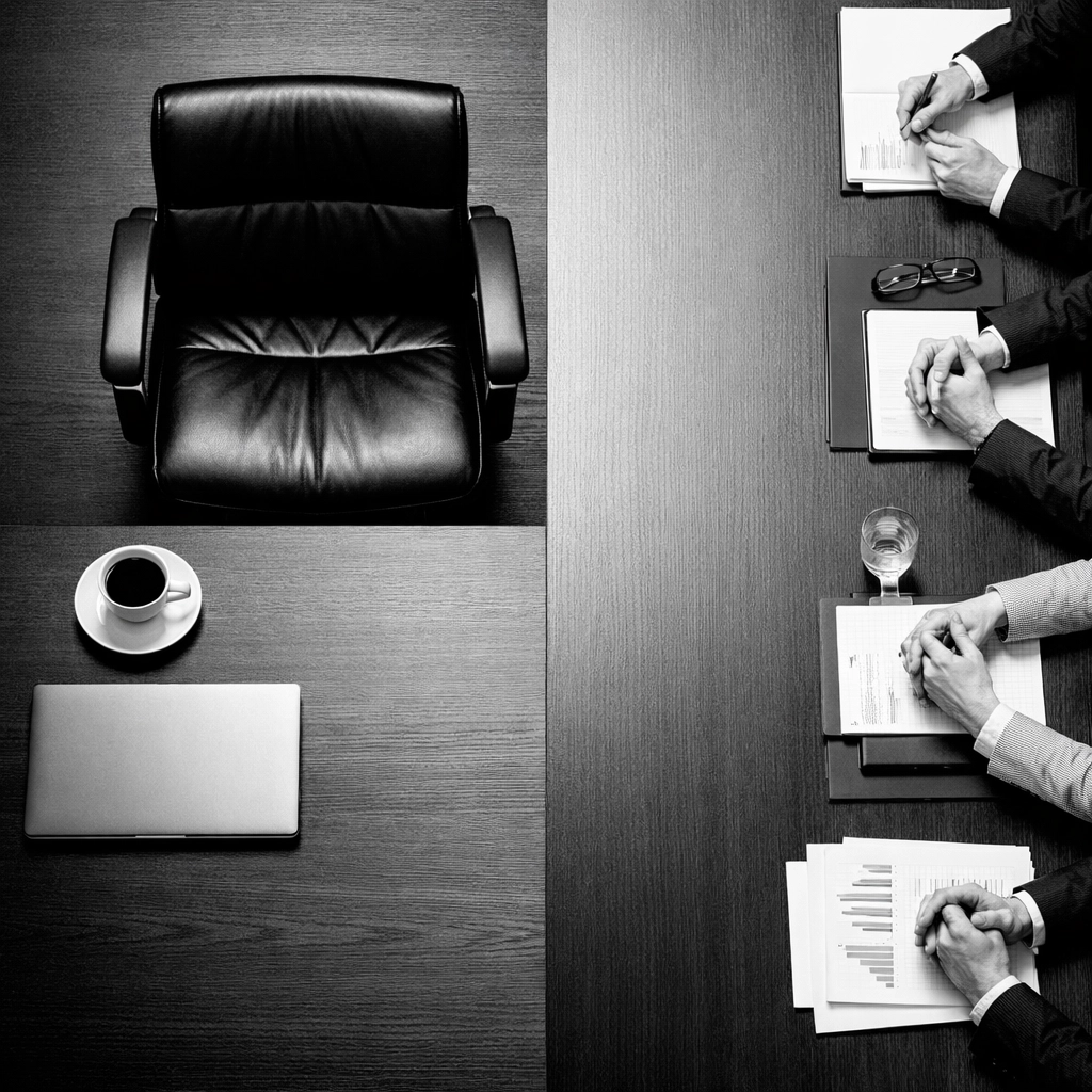 Empty chair at agency meeting table symbolizing client neglect and poor accountability