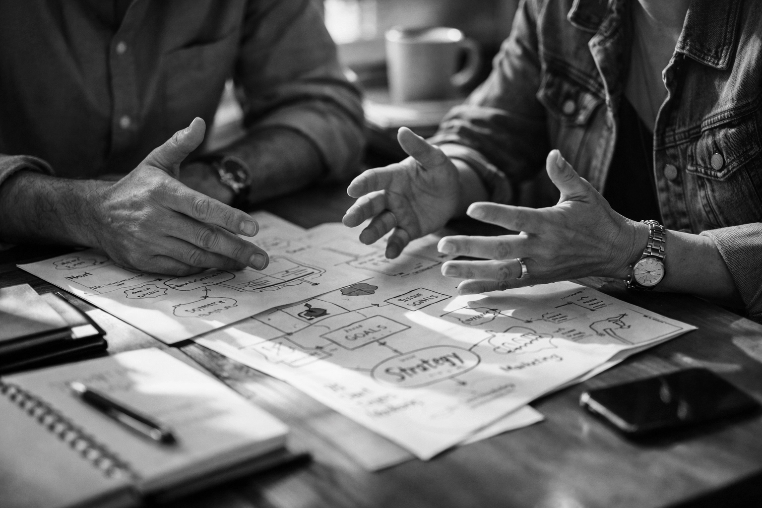 Marketing strategy consultation between agency partner and small business owner