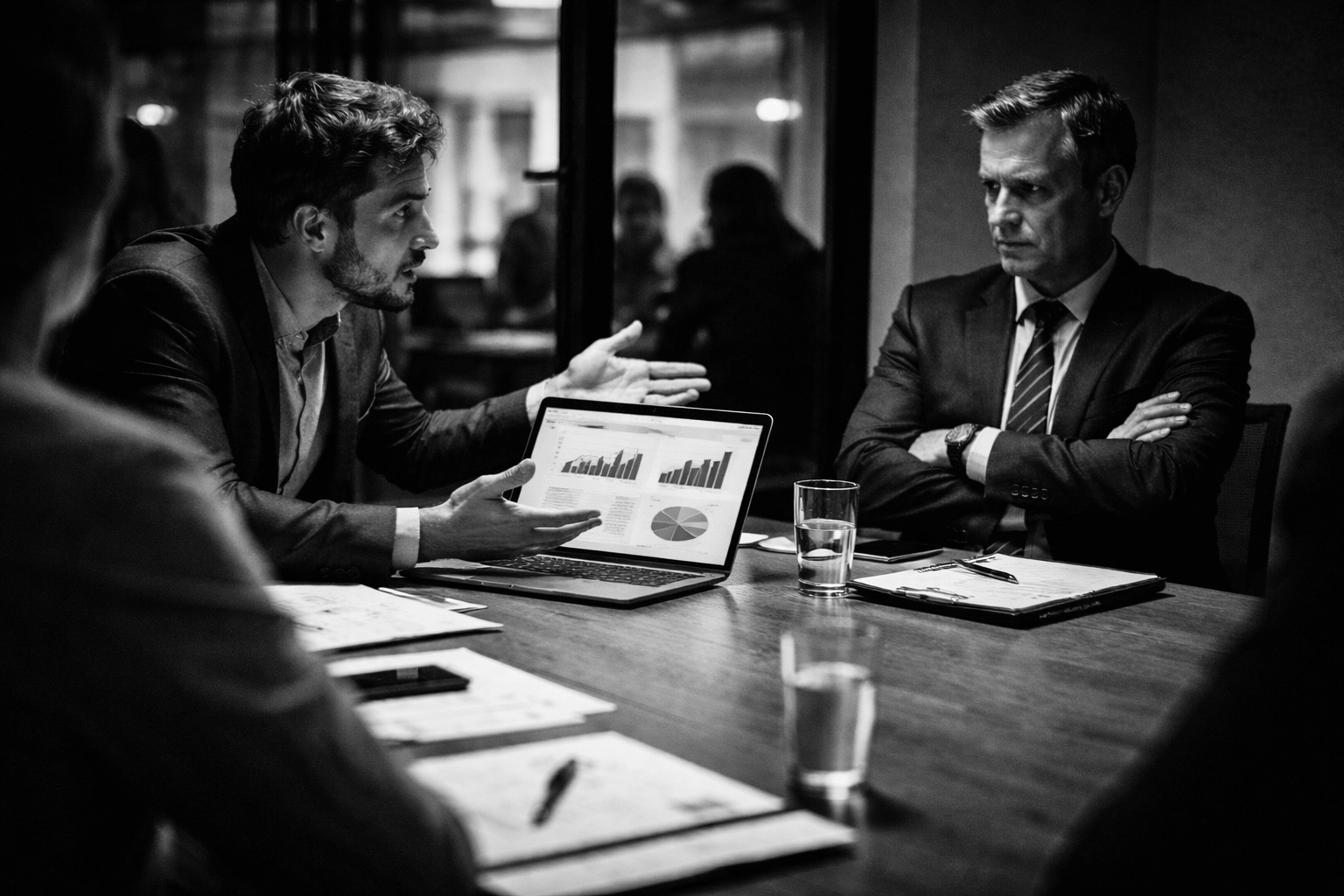 High-contrast black and white candid documentary-style photo of a business meeting with a modern minimal aesthetic.