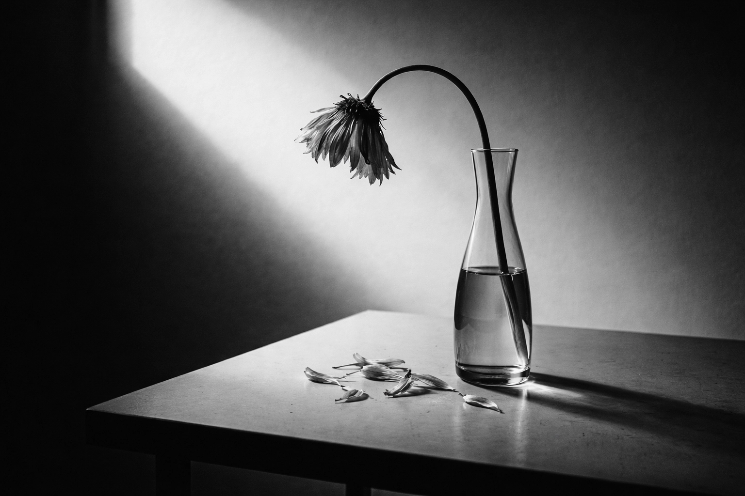 High-contrast black and white candid still-life photo with a minimal, documentary feel.