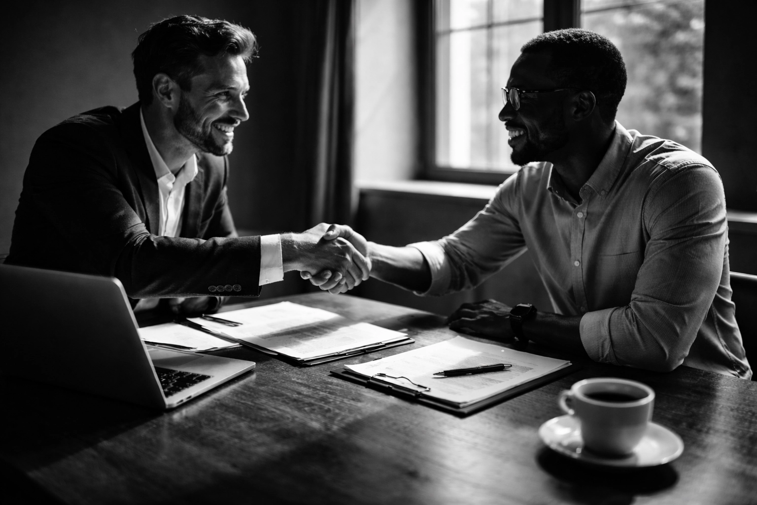 High-contrast black and white candid documentary-style photo of two professionals shaking hands with a modern minimal aesthetic.