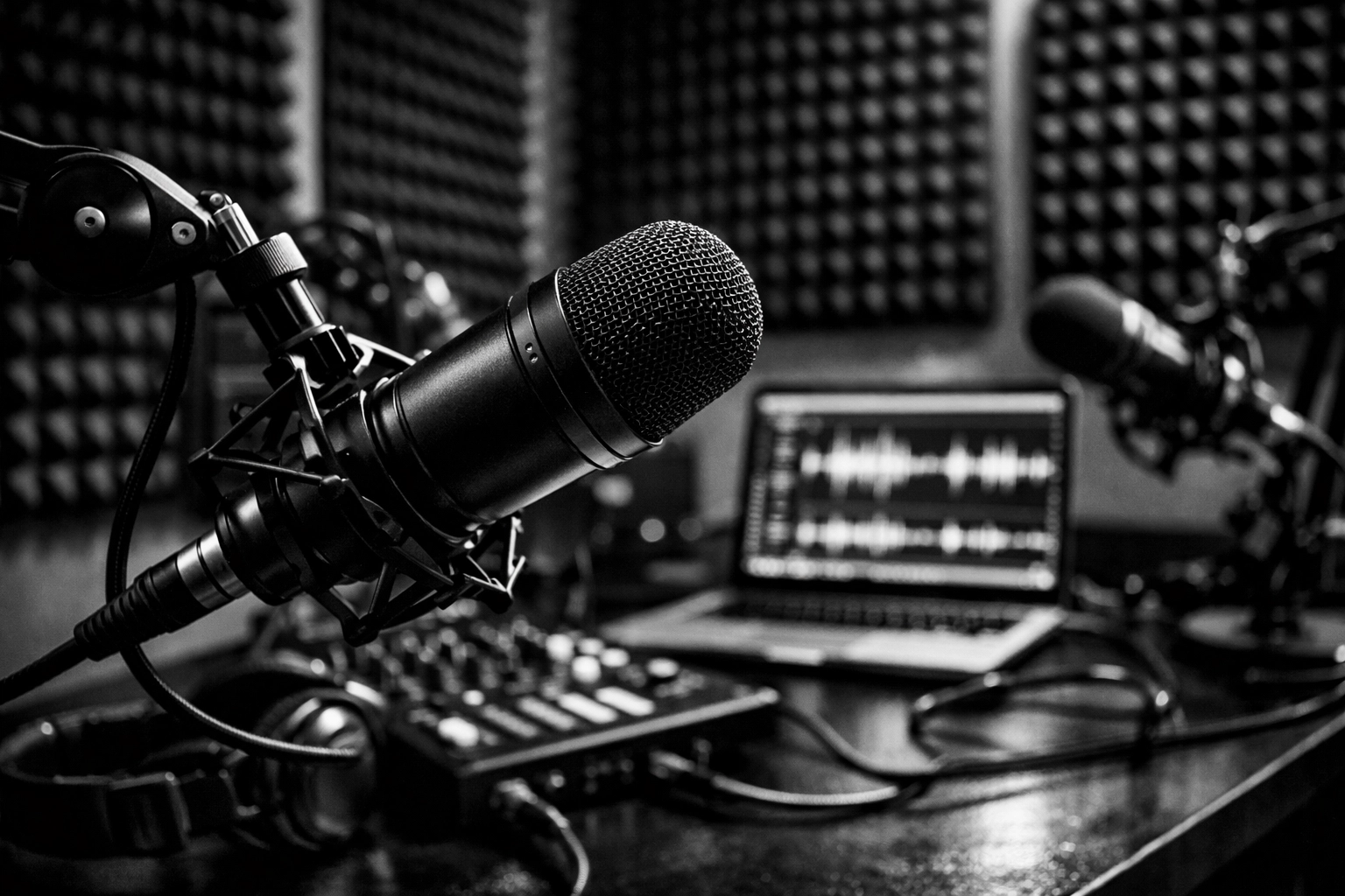 Podcast recording studio with professional microphone and audio equipment for content strategy