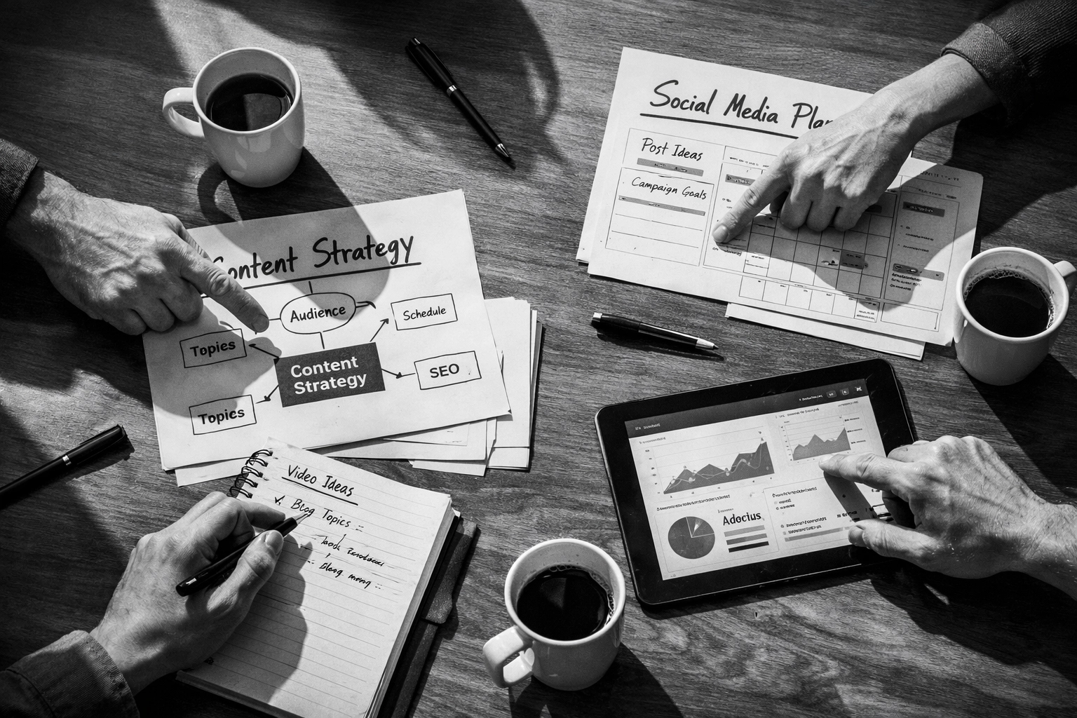 Strategic planning session with marketing documents and digital strategy materials