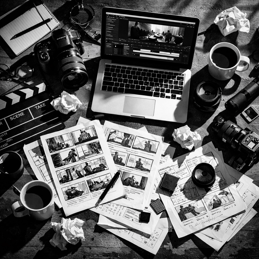 Creative workspace with video equipment and storyboards showing systematic content creation process