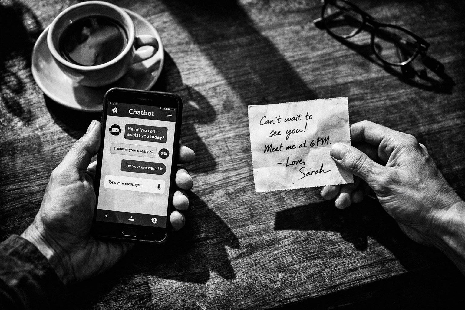 Human connection versus automated chatbot marketing contrast in coffee shop meeting