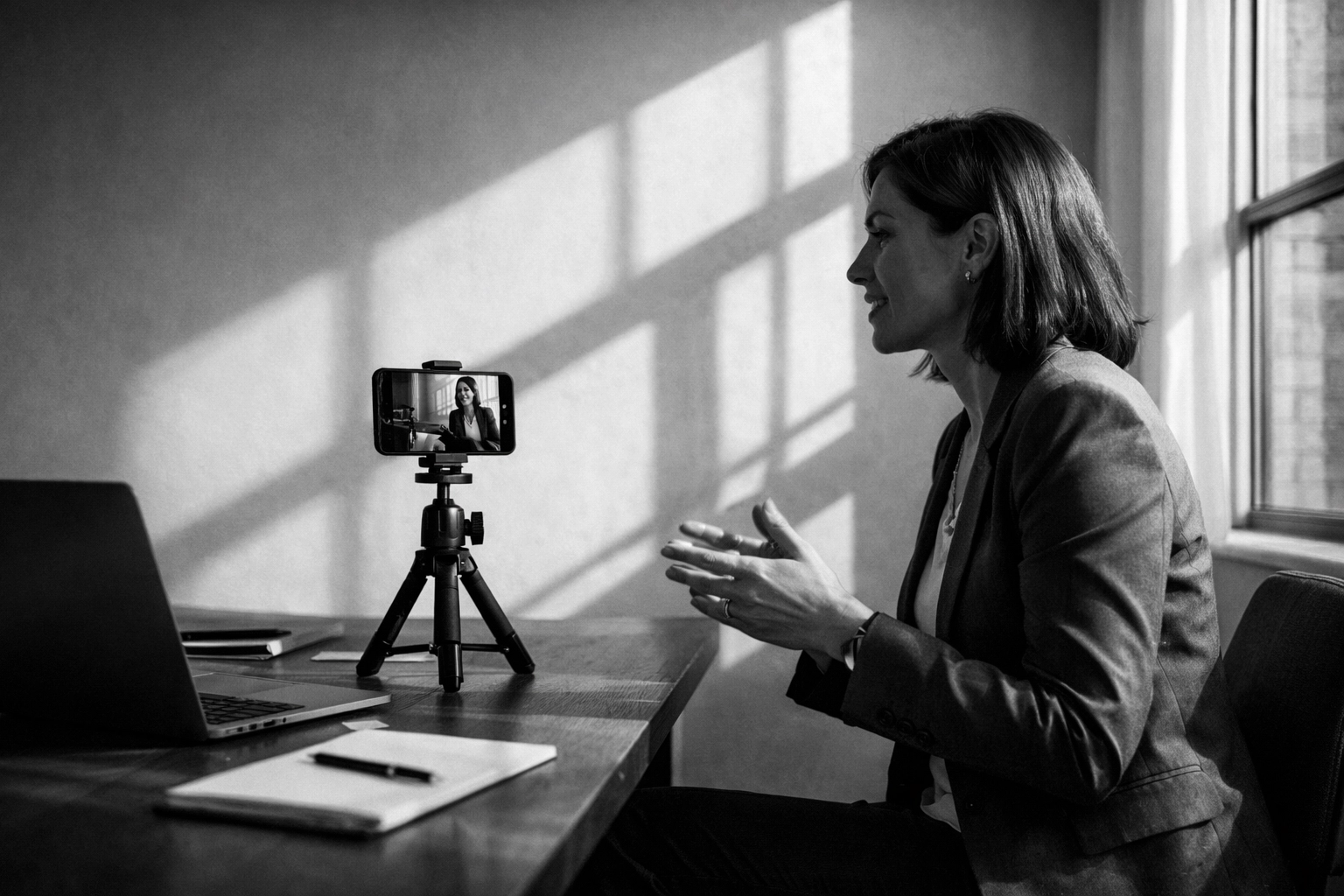 Business professional creating authentic founder-led video content for personal branding