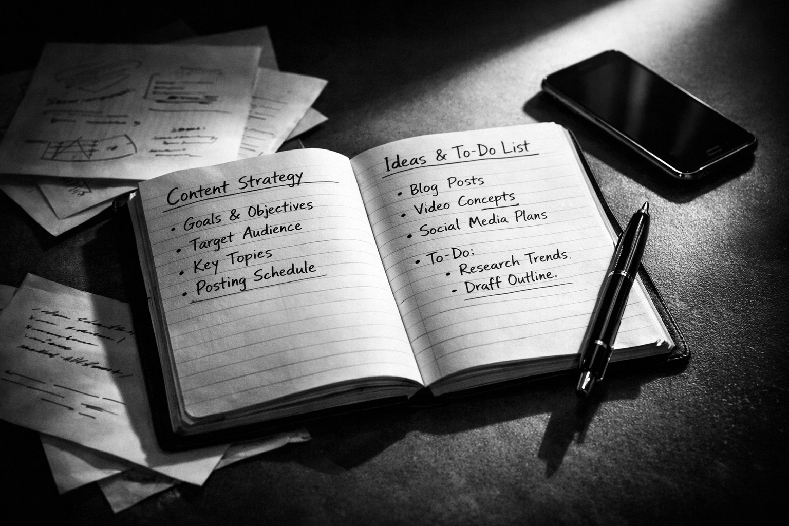 Handwritten notes and planning materials for developing email newsletter content strategy