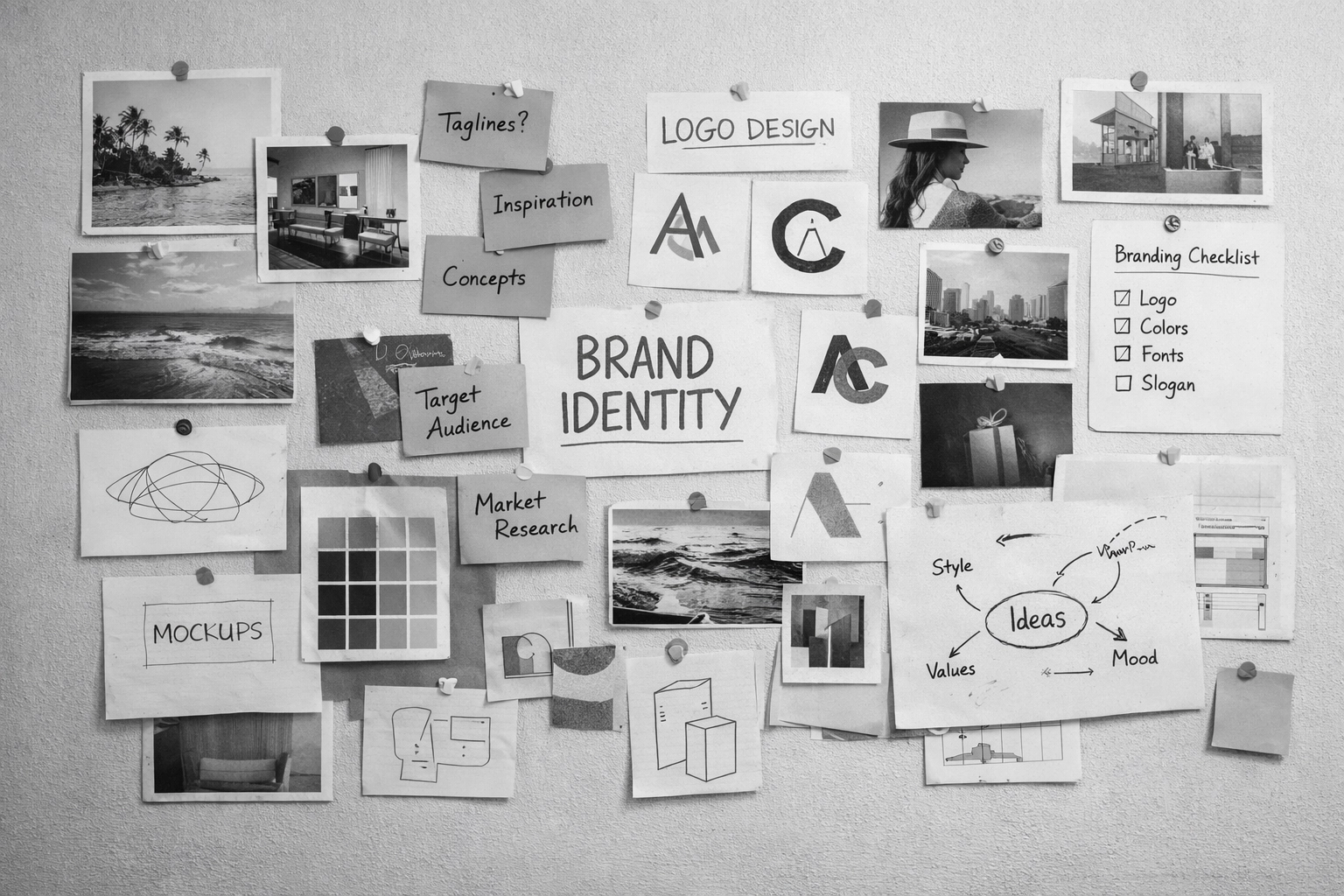 Creative mood board wall with photos and sketches for brand identity development