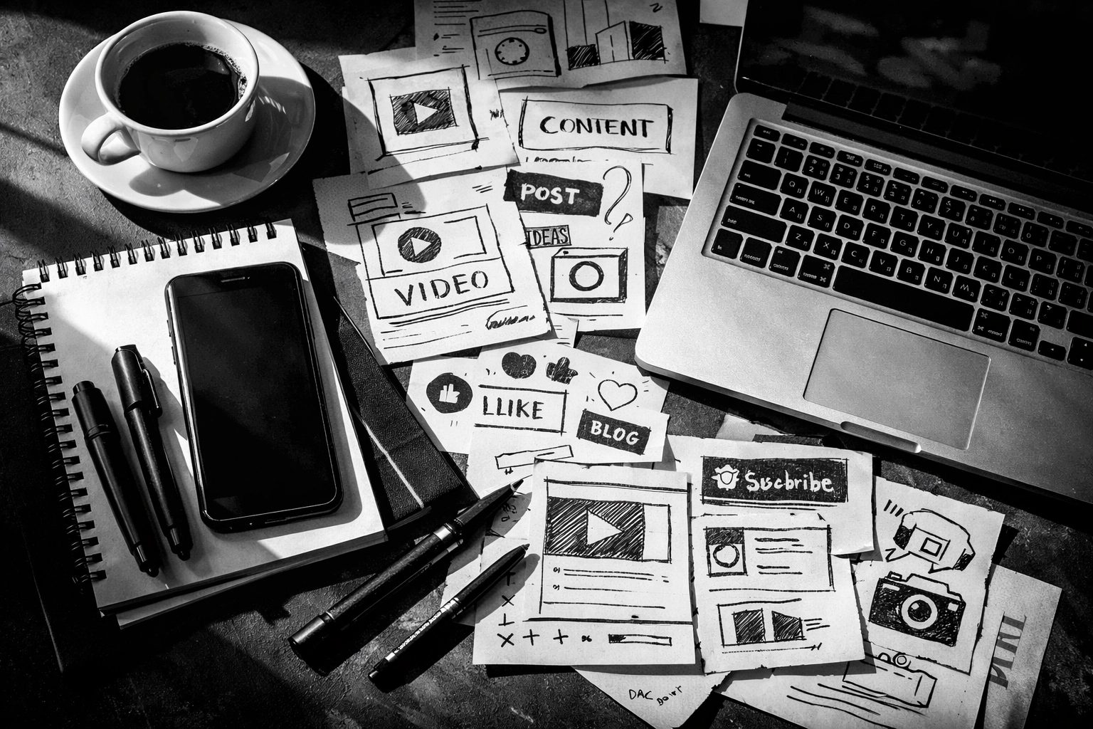 Modern workspace with laptop, smartphone, and creative tools for brand content creation