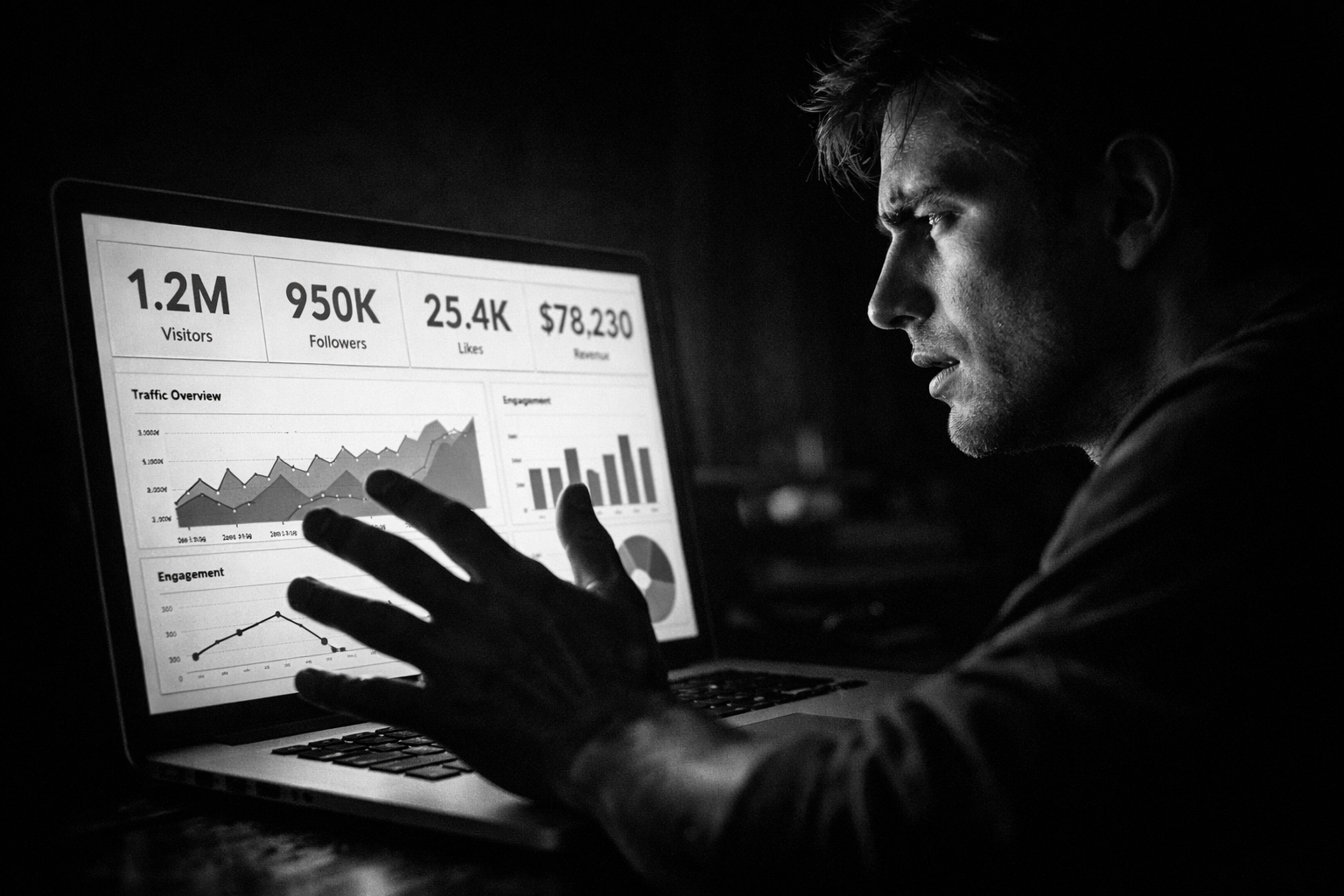 Business owner reviewing analytics dashboard showing confusion about social media engagement metrics