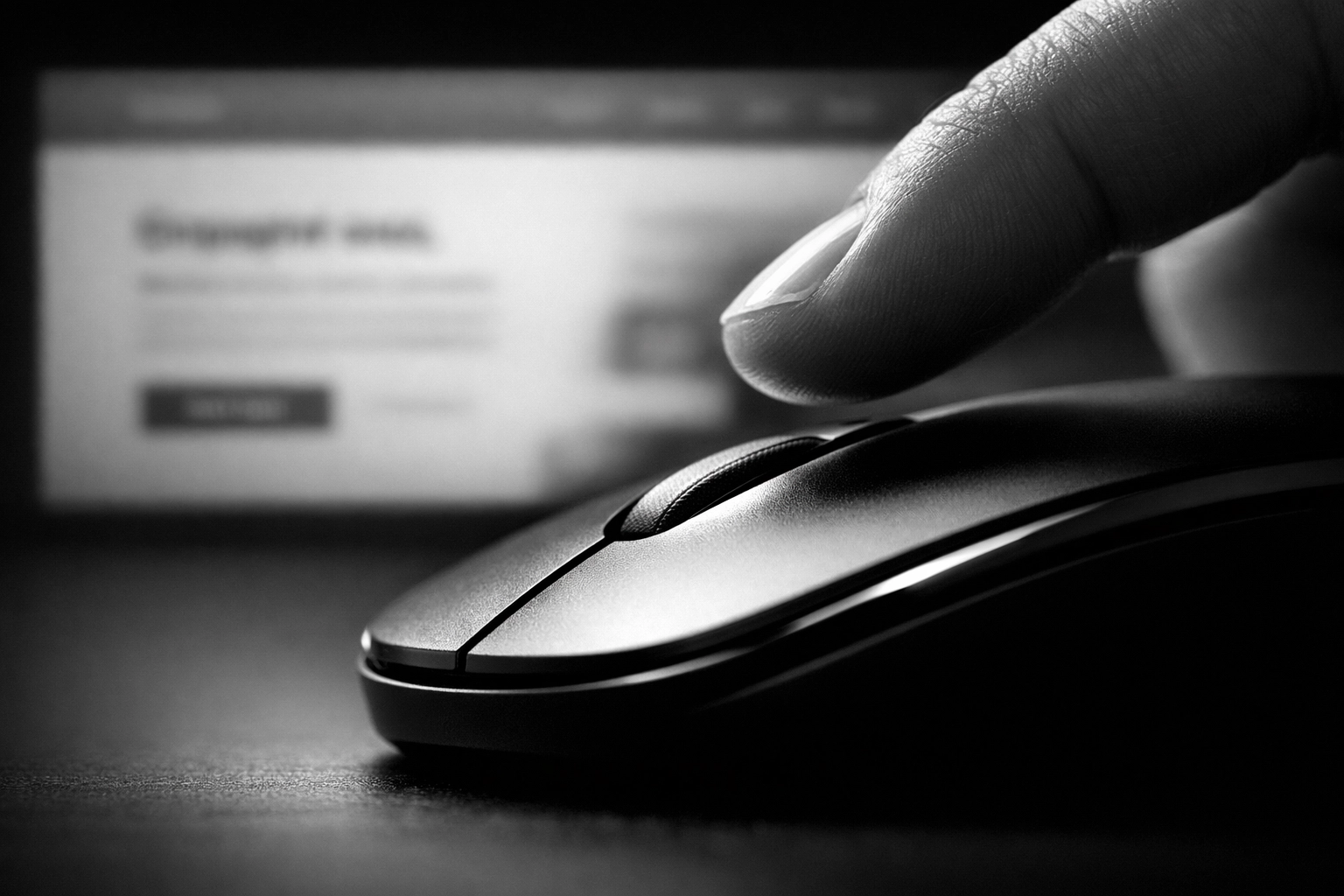 Finger hovering over mouse button demonstrating click-through rate and user engagement decision