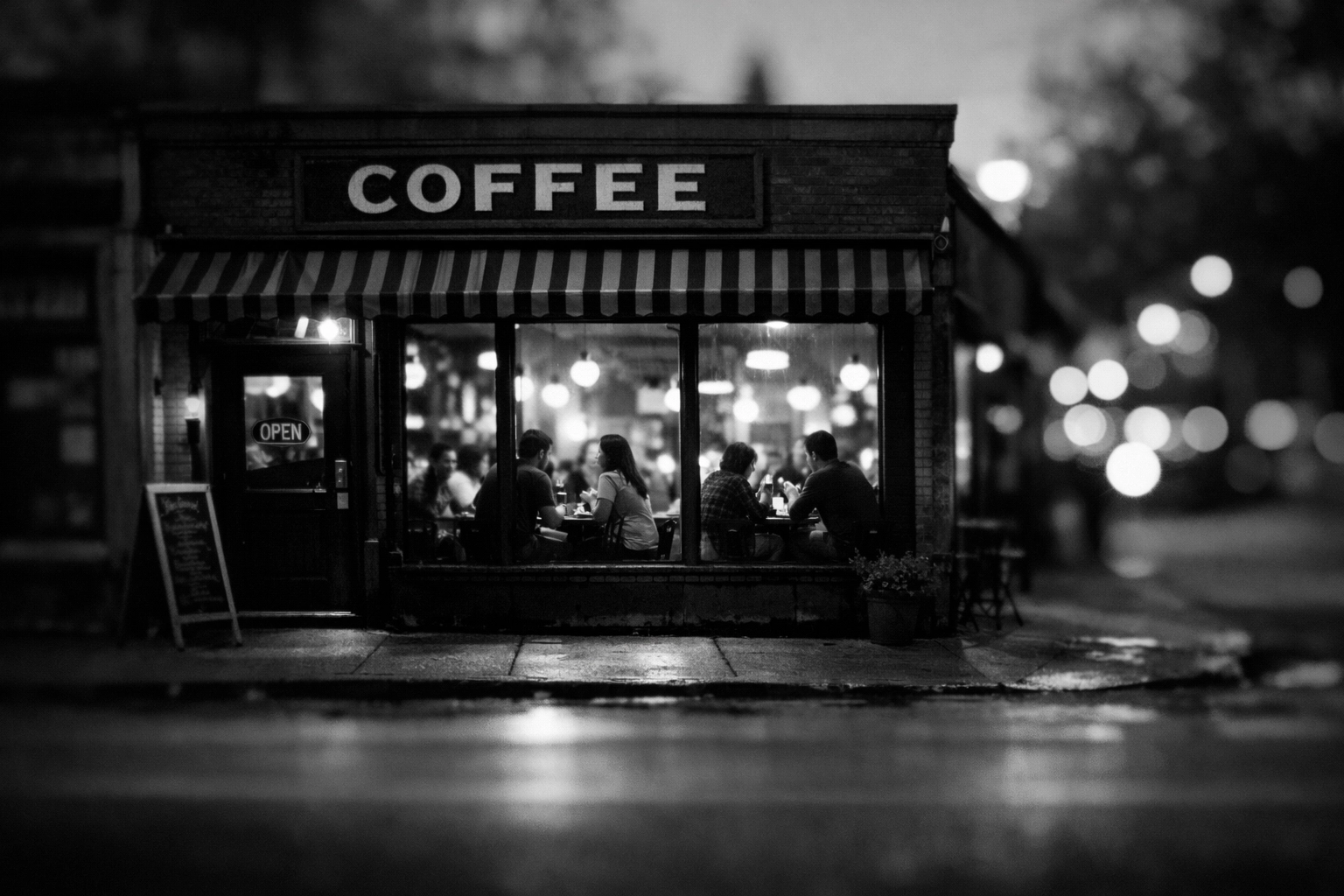 Local coffee shop storefront with customers inside engaging in community conversations