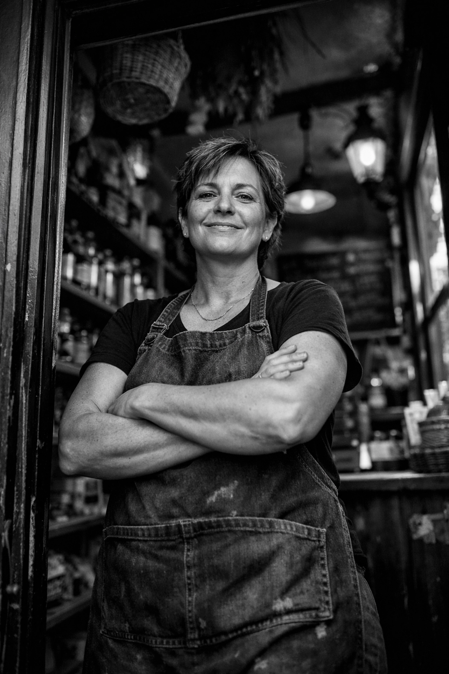 Confident local business owner standing in storefront entrance welcoming customers