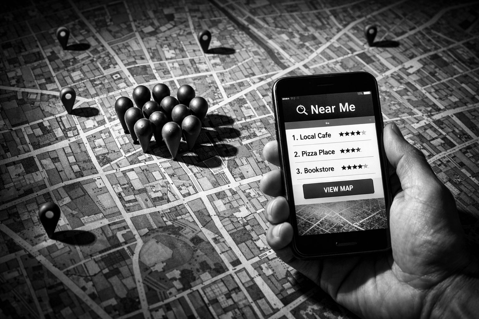 Smartphone displaying near me search results over map with clustered local business location pins