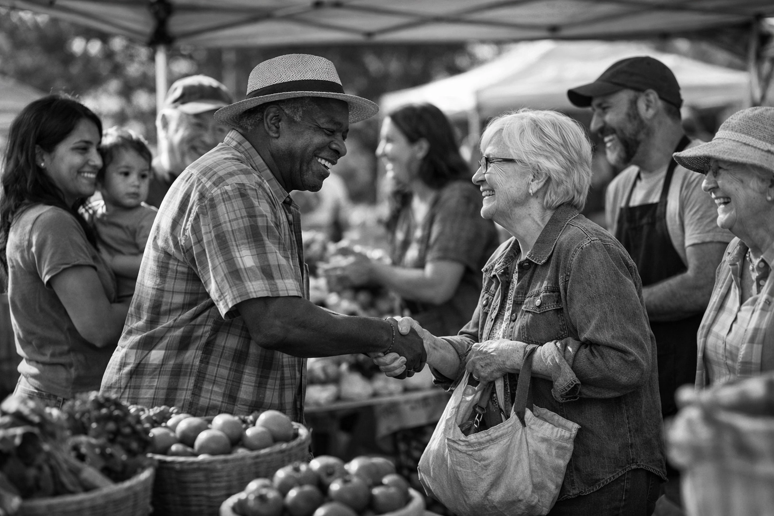 Community members networking and building relationships at local farmers market event