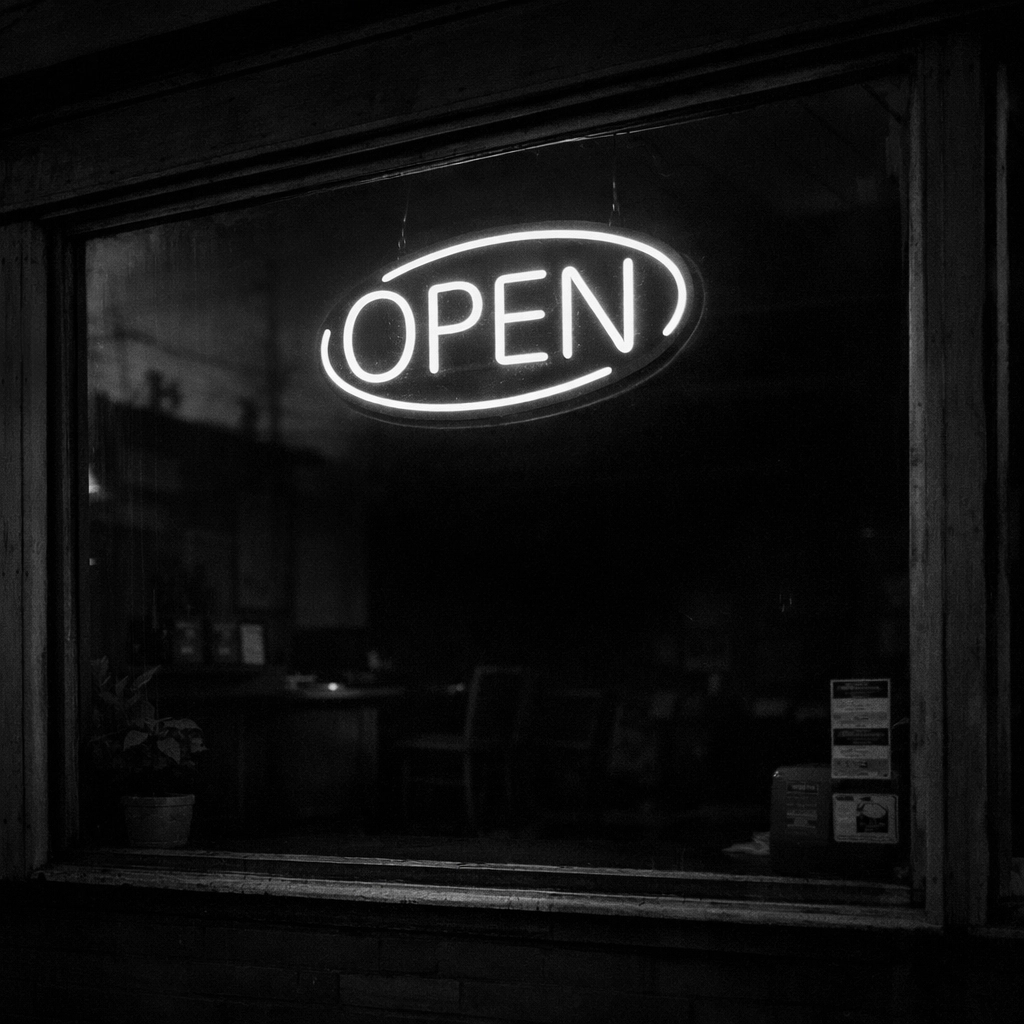 Empty storefront with open sign representing outdated Google Business Profile